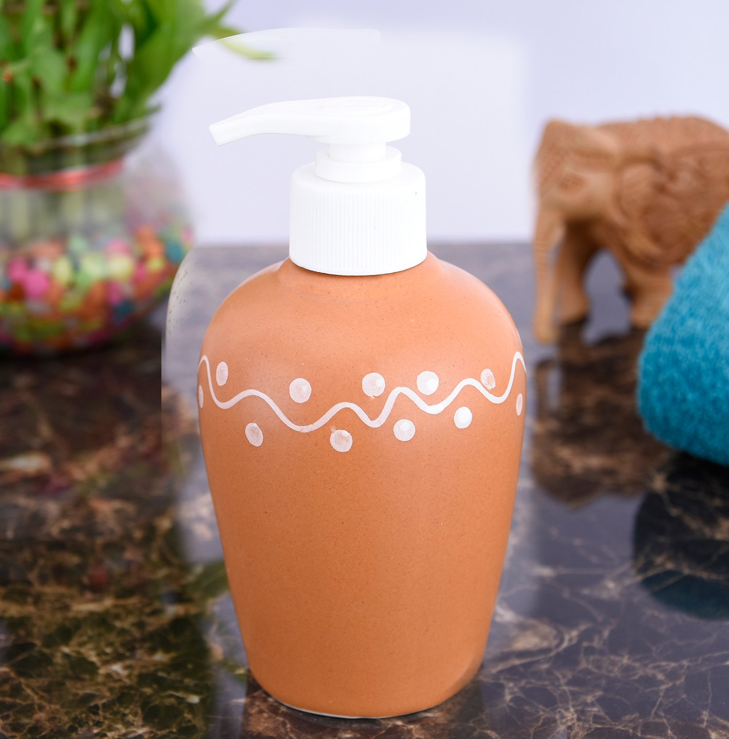KunhaR Ceramic Long-Lasting Liquid Handwash Soap Dispenser for Bathroom | Handwash Bottle for Kitchen | Soap Dispenser for Wash Basin | Bathroom Accessories | 300 ml, Terracotta