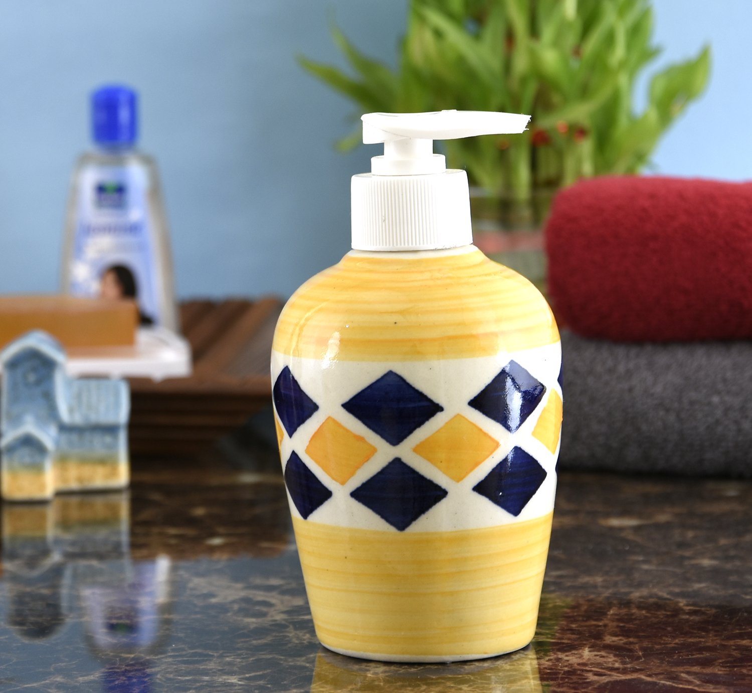 KunhaR Ceramic Long-Lasting Liquid Handwash Soap Dispenser for Bathroom | Handwash Bottle for Kitchen | Soap Dispenser for Wash Basin | Bathroom Accessories | 300 ml, Yellow Brick