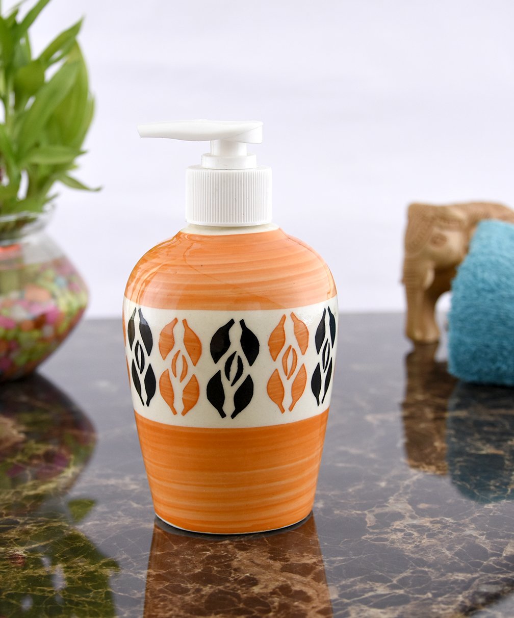 KunhaR Ceramic Long-Lasting Liquid Handwash Soap Dispenser for Bathroom | Handwash Bottle for Kitchen | Soap Dispenser for Wash Basin | Bathroom Accessories | 300 ml, Orange Multicolor