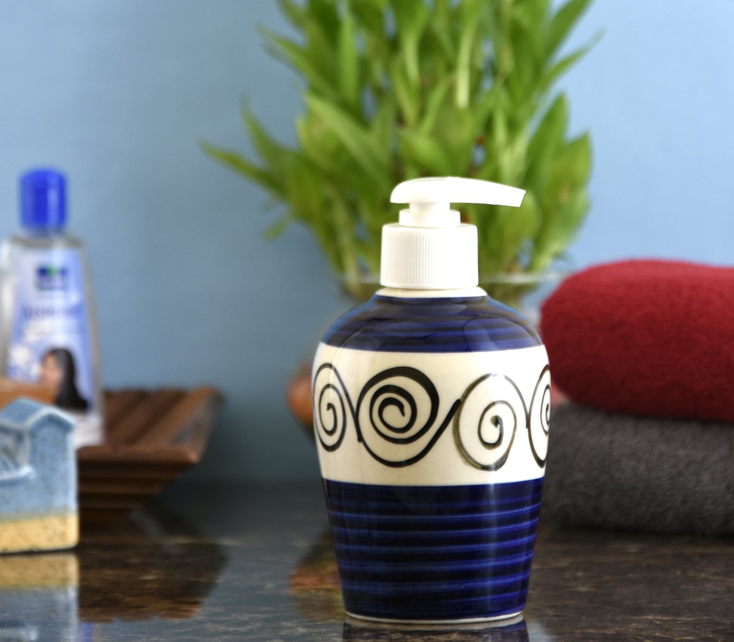 KunhaR Ceramic Long-Lasting Liquid Handwash Soap Dispenser for Bathroom | Handwash Bottle for Kitchen | Soap Dispenser for Wash Basin | Bathroom Accessories | 300 ml, Blue Round Line