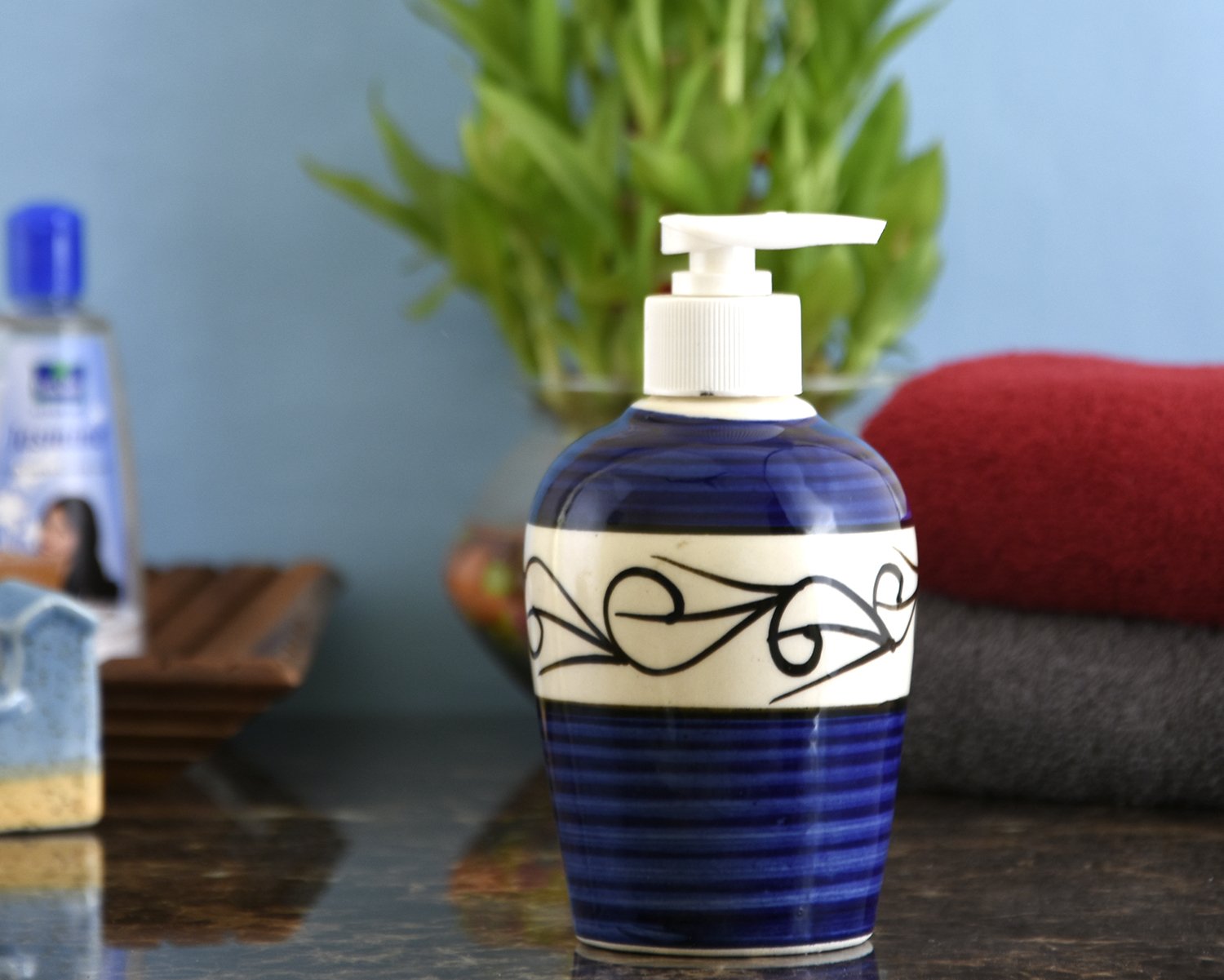 KunhaR Ceramic Long-Lasting Liquid Handwash Soap Dispenser for Bathroom | Handwash Bottle for Kitchen | Soap Dispenser for Wash Basin | Bathroom Accessories | 300 ml, Blue D1