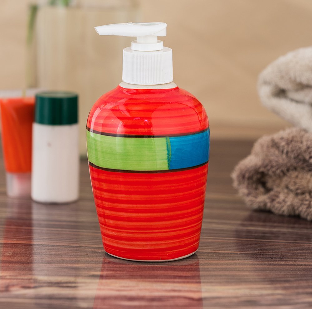 KunhaR Ceramic Long-Lasting Liquid Handwash Soap Dispenser for Bathroom | Handwash Bottle for Kitchen | Soap Dispenser for Wash Basin | Bathroom Accessories | 300 ml, Red Multicolor