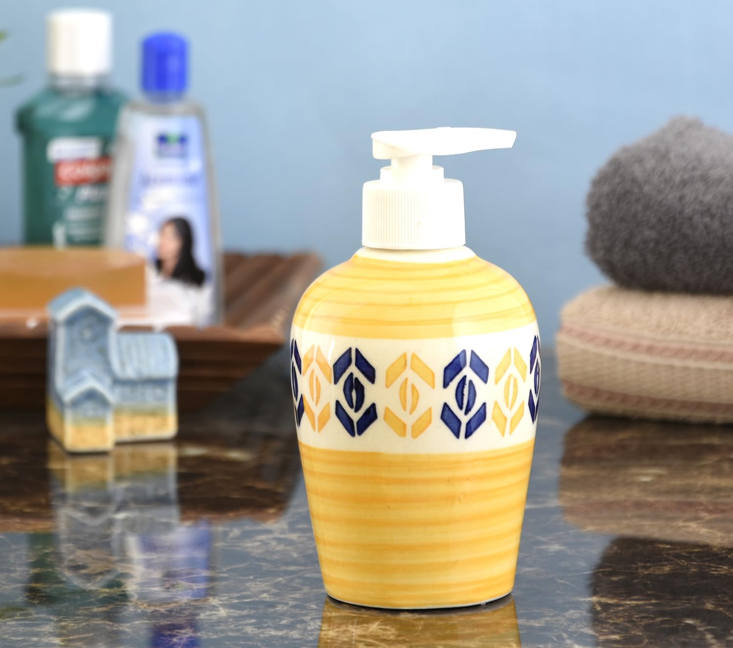 KunhaR Ceramic Long-Lasting Liquid Handwash Soap Dispenser for Bathroom | Handwash Bottle for Kitchen | Soap Dispenser for Wash Basin | Bathroom Accessories | 300 ml, Yellow Multicolor