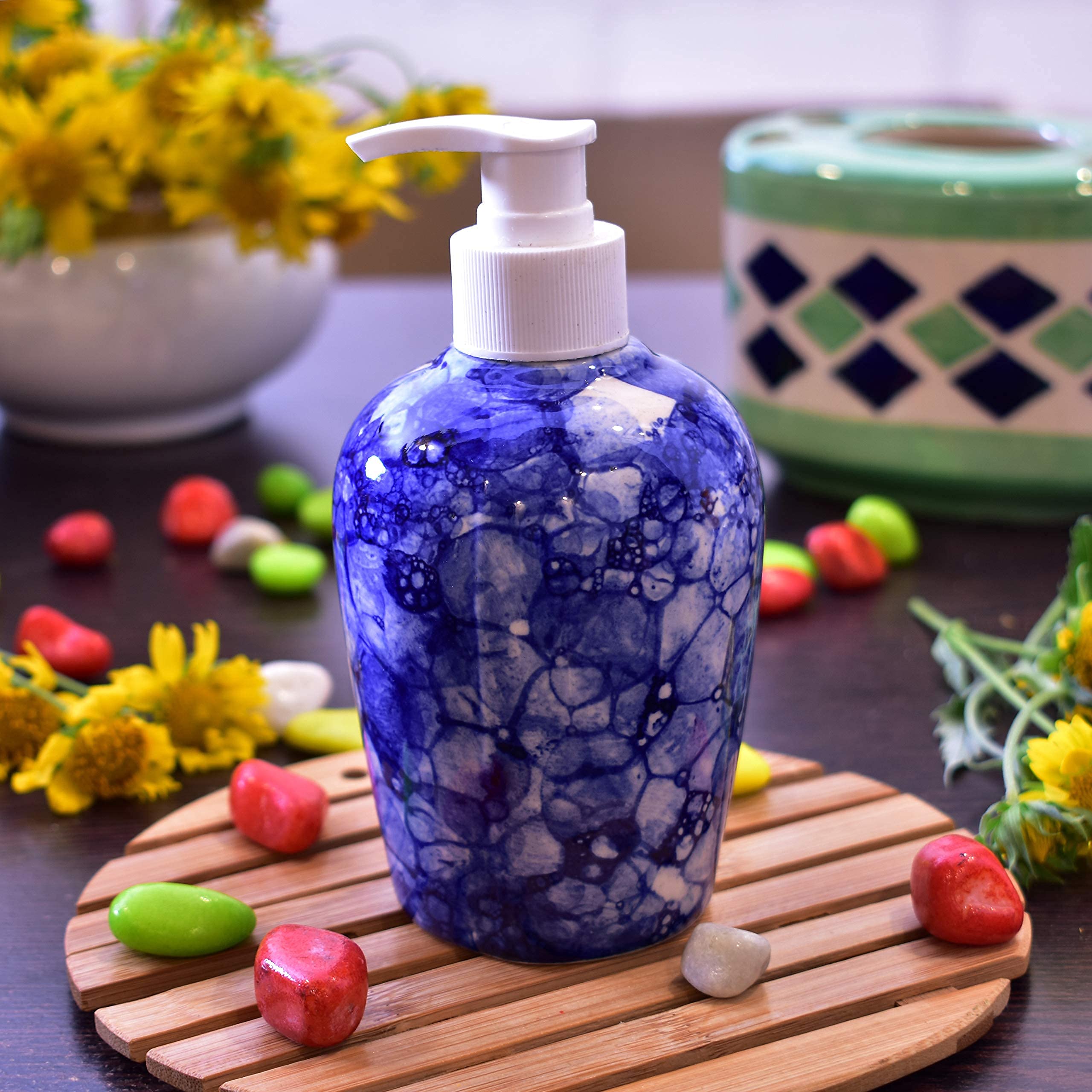 KunhaR Ceramic Liquid Soap Dispenser – Refillable Bathroom & Kitchen Lotion Pump | Stylish Countertop Dispenser for Soap, Shampoo, Gel Dispenser, Blue Luster