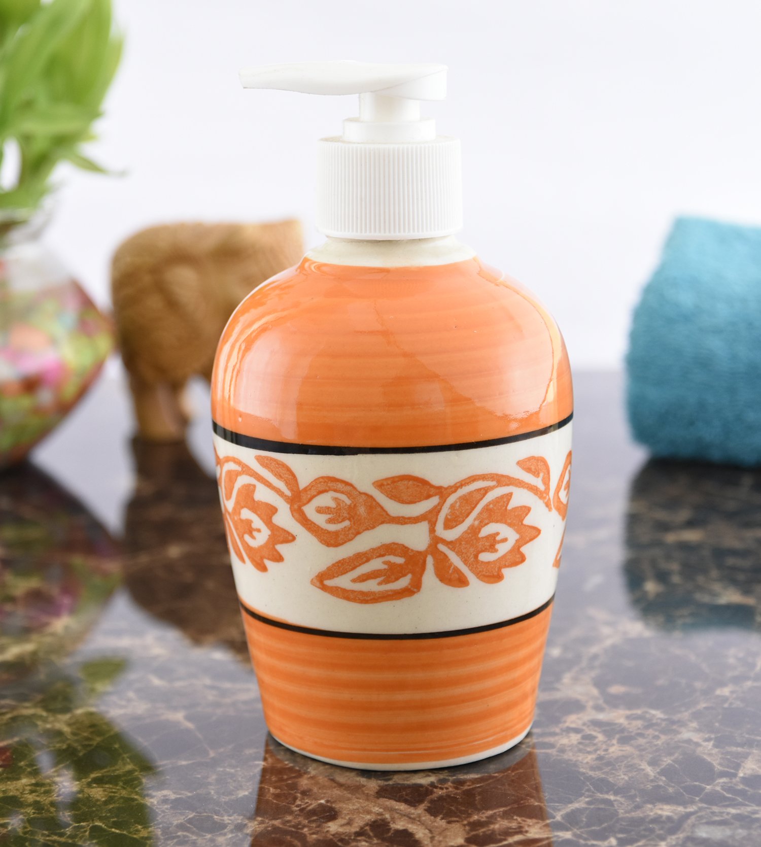 KunhaR Ceramic Long-Lasting Liquid Handwash Soap Dispenser for Bathroom | Handwash Bottle for Kitchen | Soap Dispenser for Wash Basin | Bathroom Accessories | 300 ml, Orange Vine, 2 Pieces