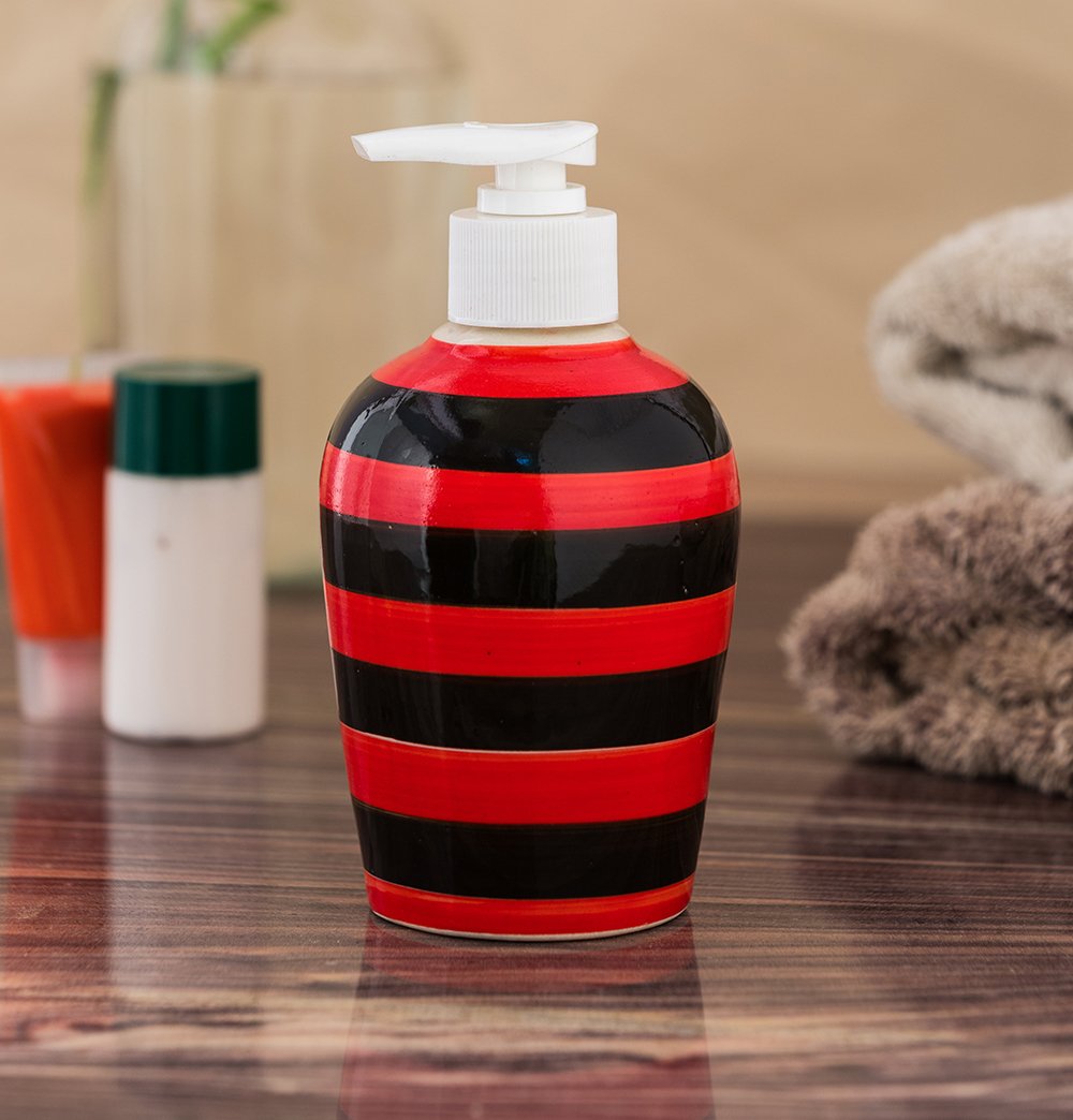 KunhaR Ceramic Long-Lasting Liquid Handwash Soap Dispenser for Bathroom | Handwash Bottle for Kitchen | Soap Dispenser for Wash Basin | Bathroom Accessories | 300 ml, Red Black, 2 Pieces