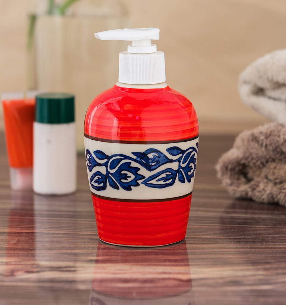 KunhaR Ceramic Long-Lasting Liquid Handwash Soap Dispenser for Bathroom | Handwash Bottle for Kitchen | Soap Dispenser for Wash Basin | Bathroom Accessories | 300 ml, Red Blue Vine, 2 Pieces