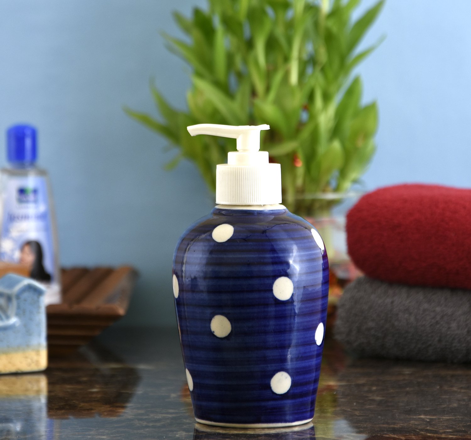 KunhaR Ceramic Long-Lasting Liquid Handwash Soap Dispenser for Bathroom | Handwash Bottle for Kitchen | Soap Dispenser for Wash Basin | Bathroom Accessories | 300 ml, Blue Dot, 2 Pieces