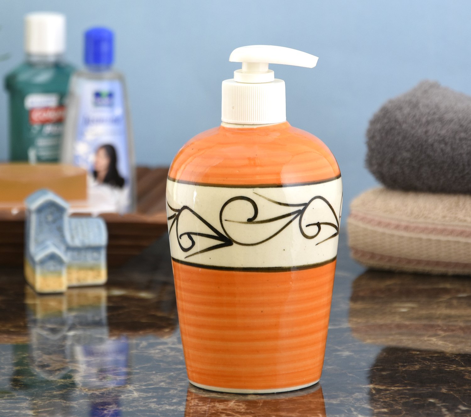 KunhaR Ceramic Long-Lasting Liquid Handwash Soap Dispenser for Bathroom | Handwash Bottle for Kitchen | Soap Dispenser for Wash Basin | Bathroom Accessories - Orange Line, 450ml