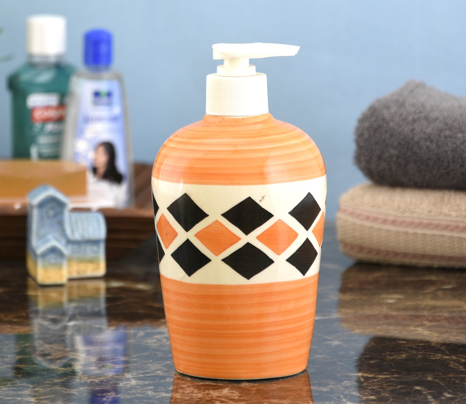 KunhaR Ceramic Long-Lasting Liquid Handwash Soap Dispenser for Bathroom | Handwash Bottle for Kitchen | Soap Dispenser for Wash Basin | Bathroom Accessories - Orange Brick, 450ml
