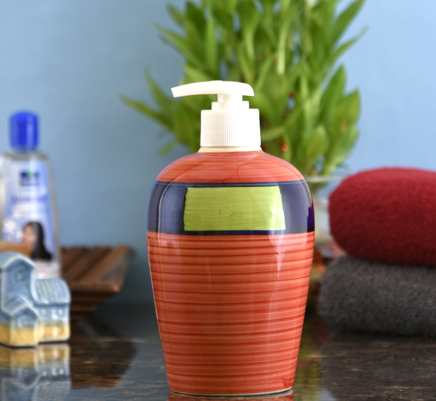 KunhaR Ceramic Long-Lasting Liquid Handwash Soap Dispenser for Bathroom | Handwash Bottle for Kitchen | Soap Dispenser for Wash Basin | Bathroom Accessories - Red Multicolor, 450ml