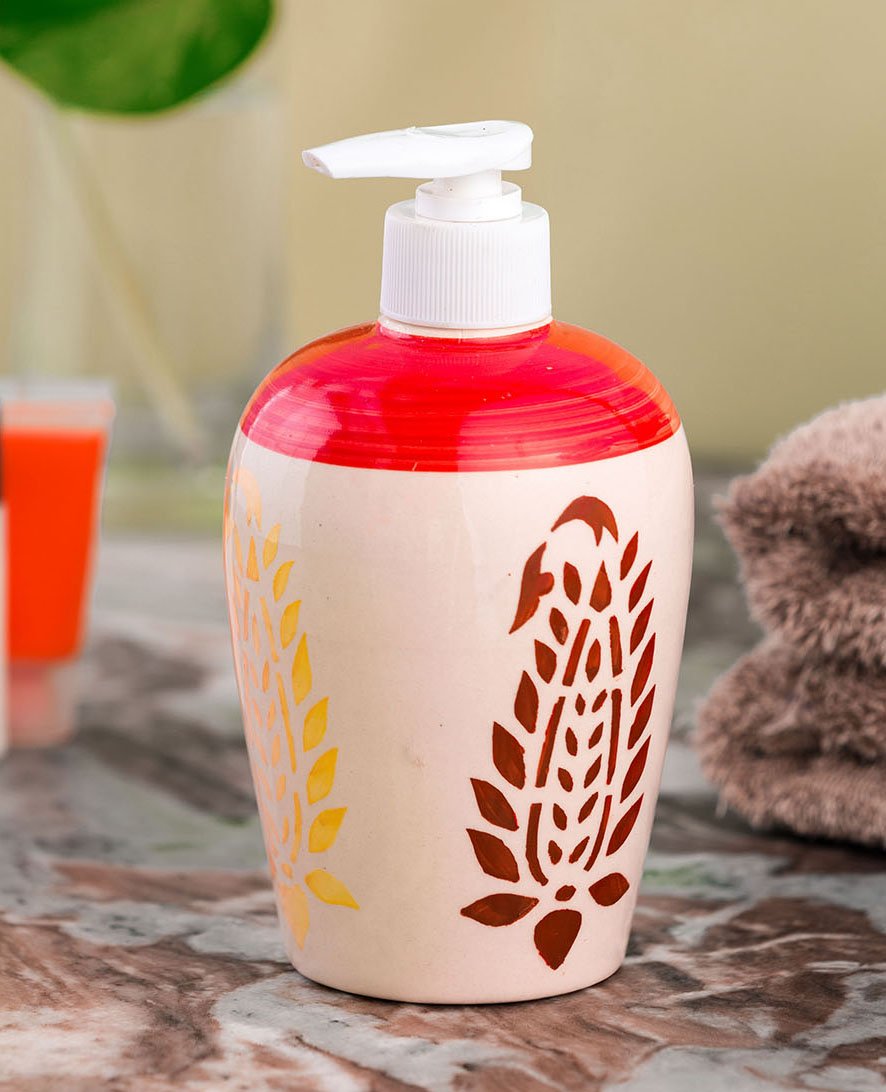 KunhaR Ceramic Long-Lasting Liquid Handwash Soap Dispenser for Bathroom | Handwash Bottle for Kitchen | Soap Dispenser for Wash Basin | Bathroom Accessories - Red White Leaf, 450ml