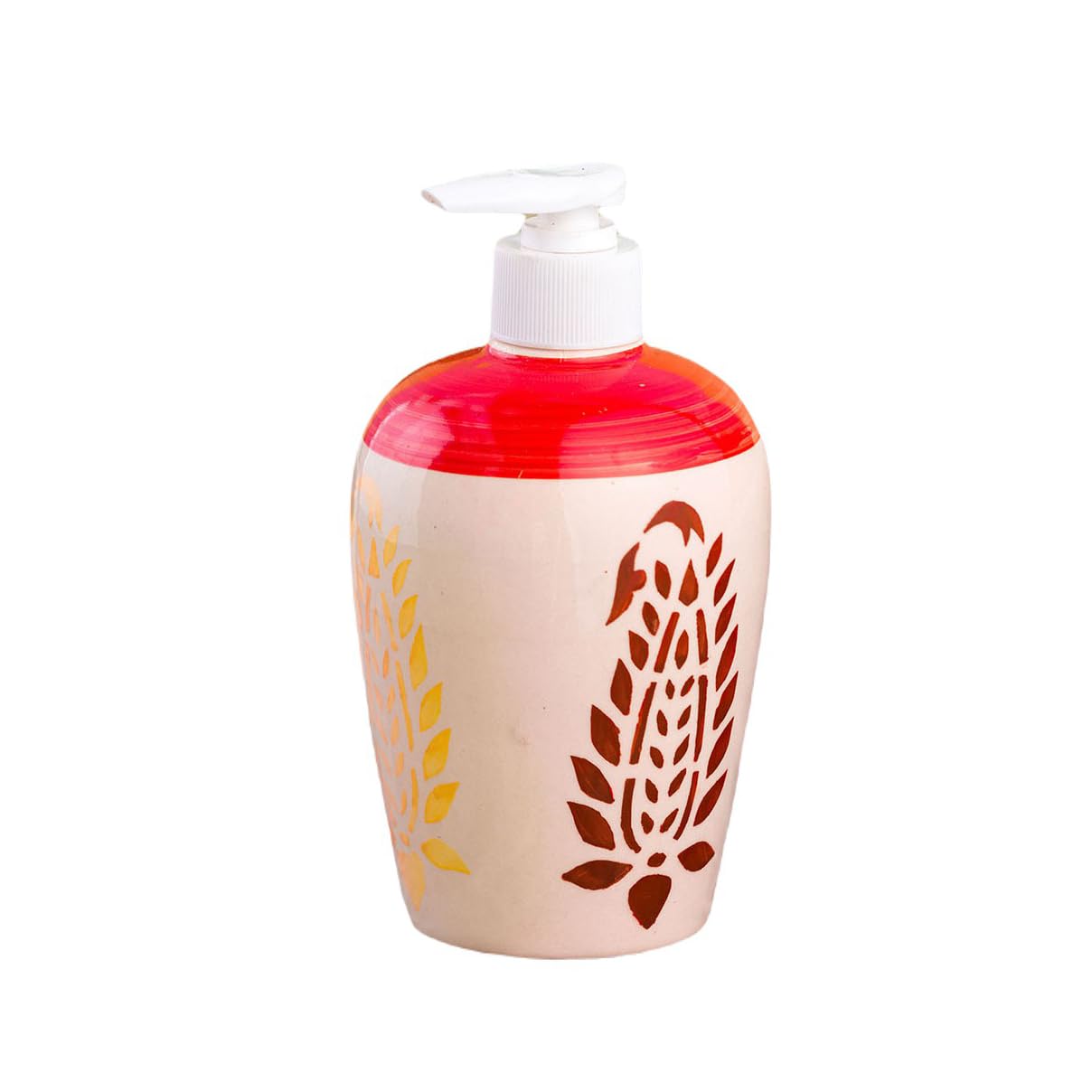 KunhaR Ceramic Long-Lasting Liquid Handwash Soap Dispenser for Bathroom | Handwash Bottle for Kitchen | Soap Dispenser for Wash Basin | Bathroom Accessories - Red White Leaf, 450ml