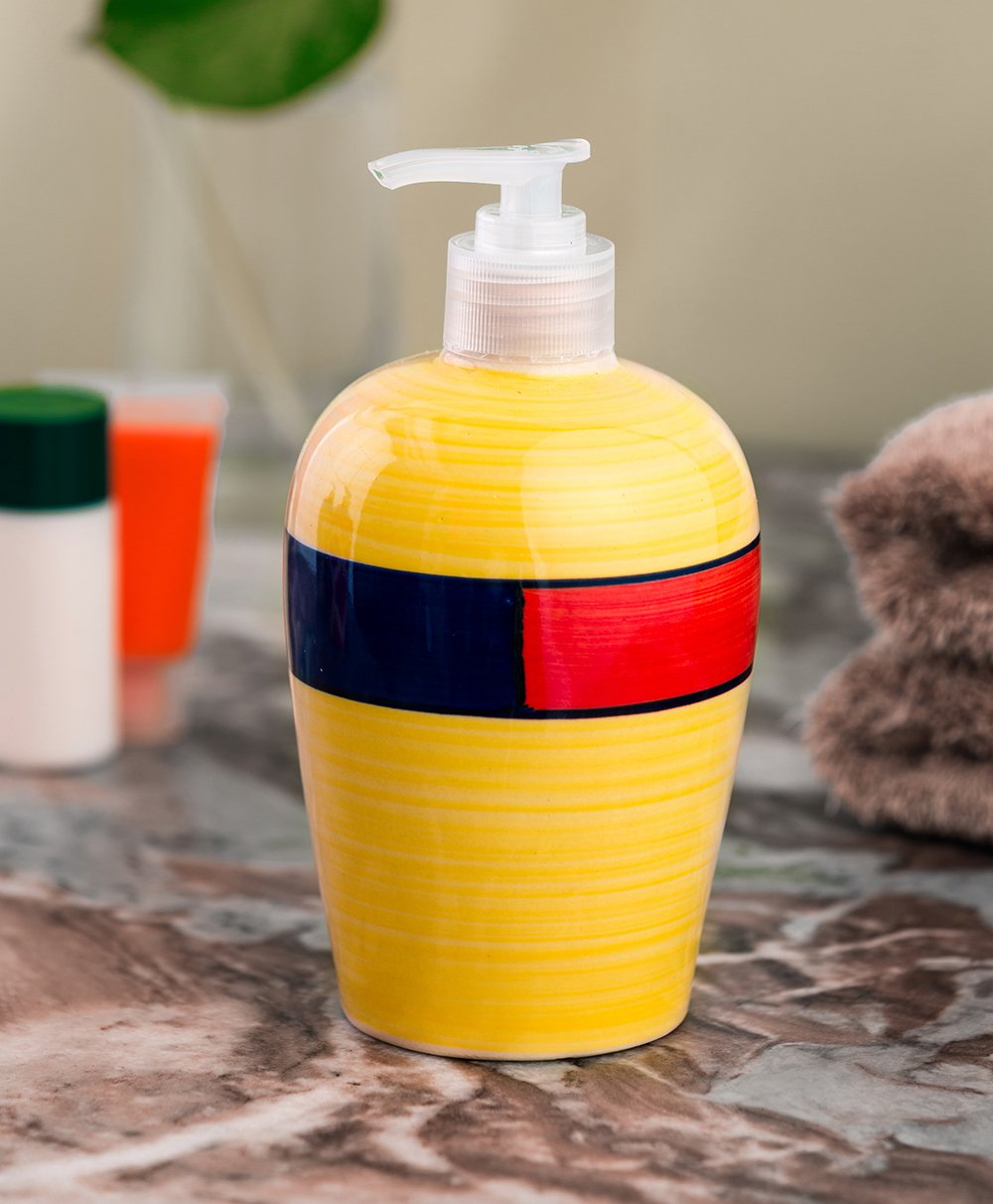KunhaR Ceramic Long-Lasting Liquid Handwash Soap Dispenser for Bathroom | Handwash Bottle for Kitchen | Soap Dispenser for Wash Basin | Bathroom Accessories - Yellow Multicolor, 450ml