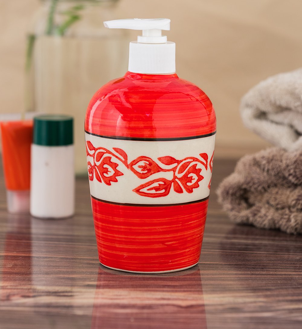 KunhaR Ceramic Long-Lasting Liquid Handwash Soap Dispenser for Bathroom | Handwash Bottle for Kitchen | Soap Dispenser for Wash Basin | Bathroom Accessories - Red Vine, 450ml