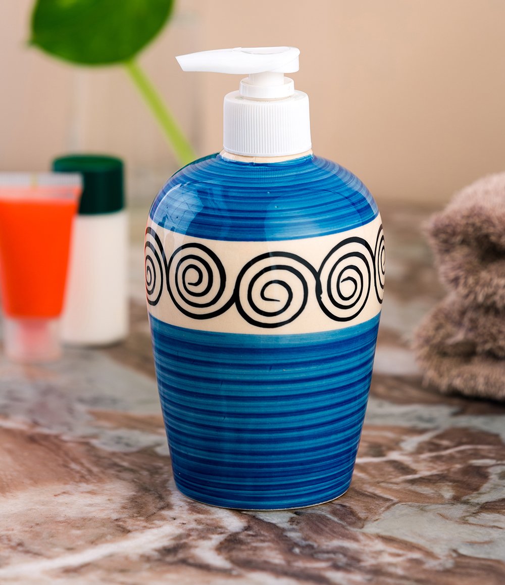 KunhaR Ceramic Long-Lasting Liquid Handwash Soap Dispenser for Bathroom | Handwash Bottle for Kitchen | Soap Dispenser for Wash Basin | Bathroom Accessories - SkyBlue Line, 450ml