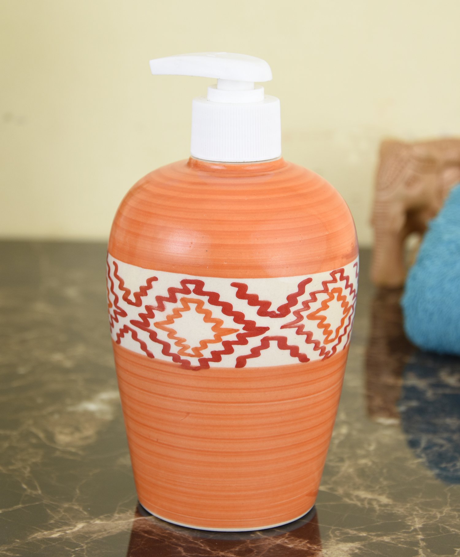 KunhaR Ceramic Long-Lasting Liquid Handwash Soap Dispenser for Bathroom | Handwash Bottle for Kitchen | Soap Dispenser for Wash Basin | Bathroom Accessories - Orange, 450ml