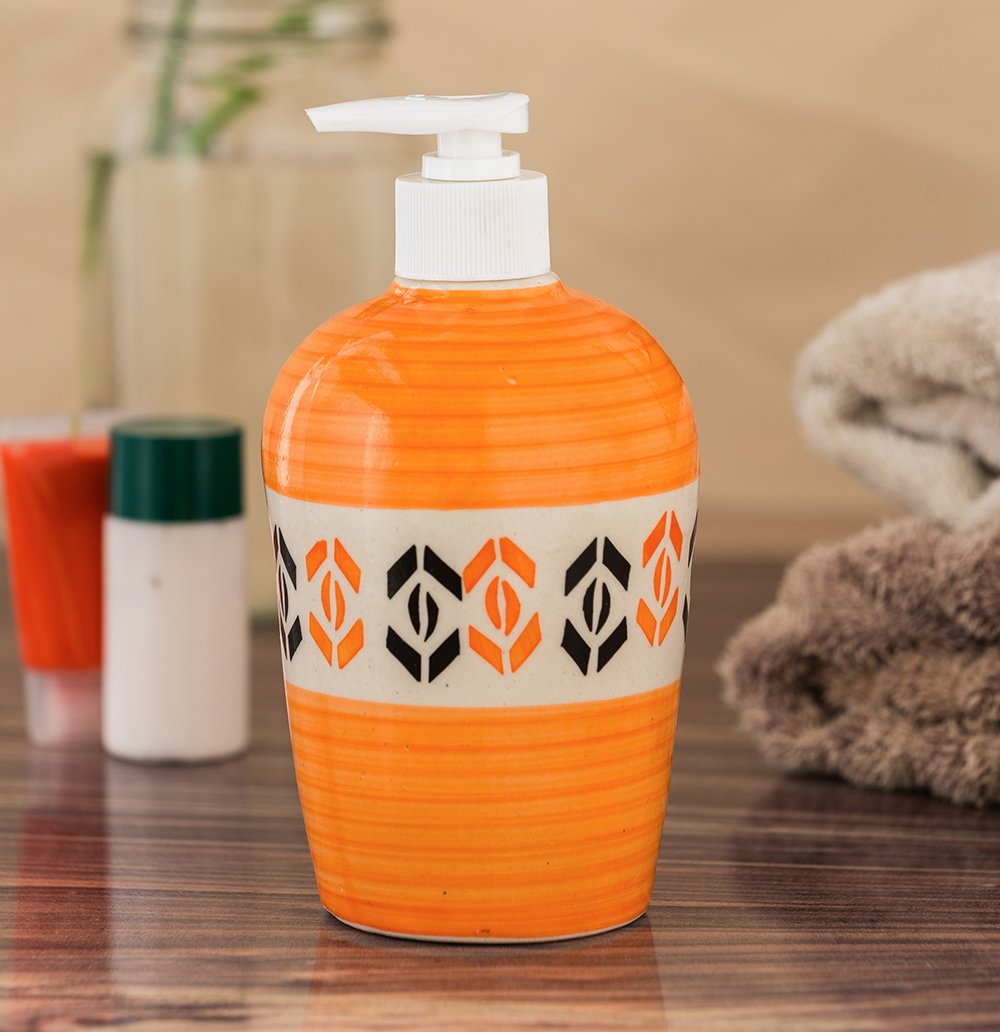 KunhaR Ceramic Long-Lasting Liquid Handwash Soap Dispenser for Bathroom | Handwash Bottle for Kitchen | Soap Dispenser for Wash Basin | Bathroom Accessories - Orange, 450ml