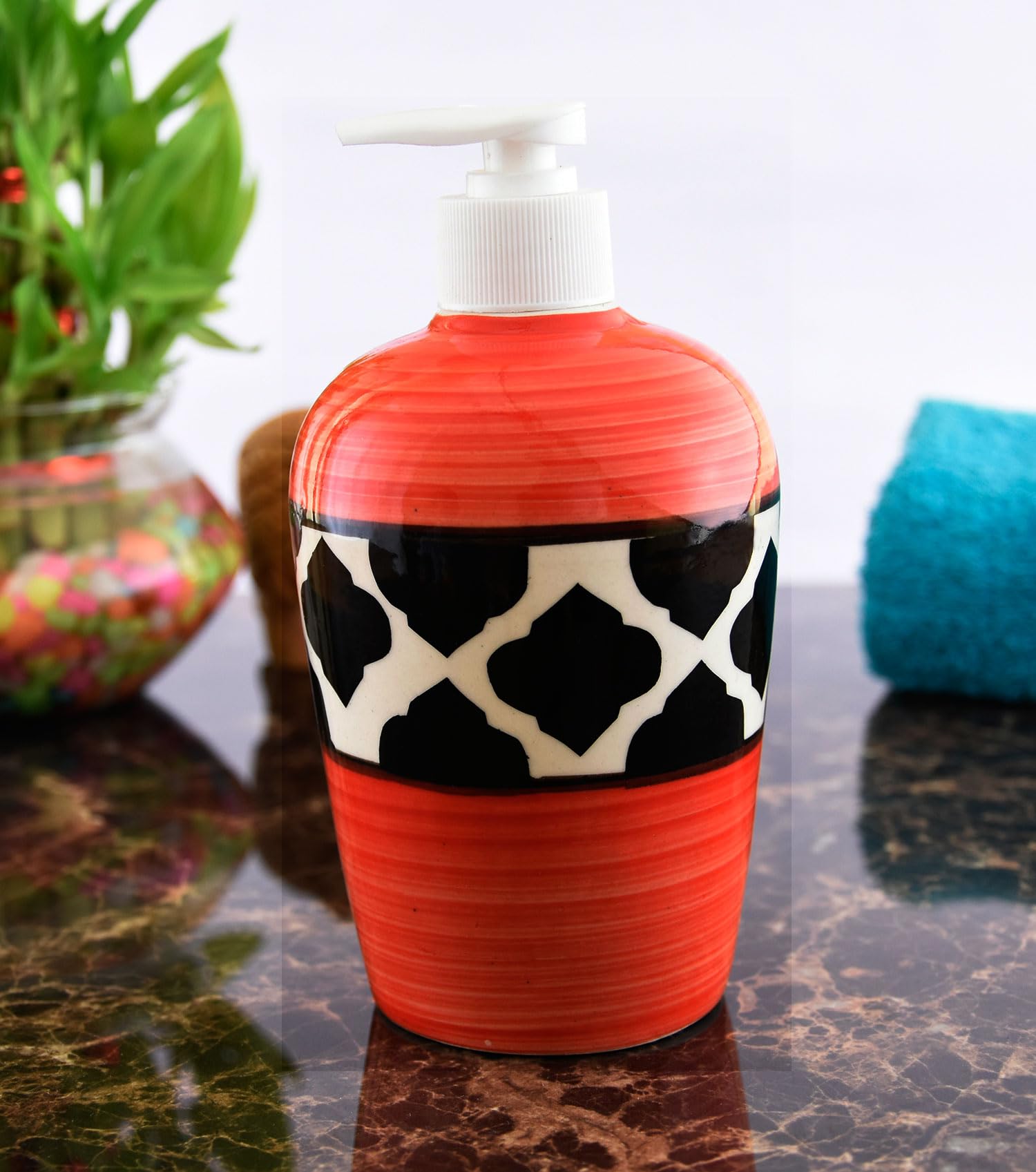 KunhaR Ceramic Liquid Soap Dispenser, Handwash Dispenser - Red Black Chidi, 450ml