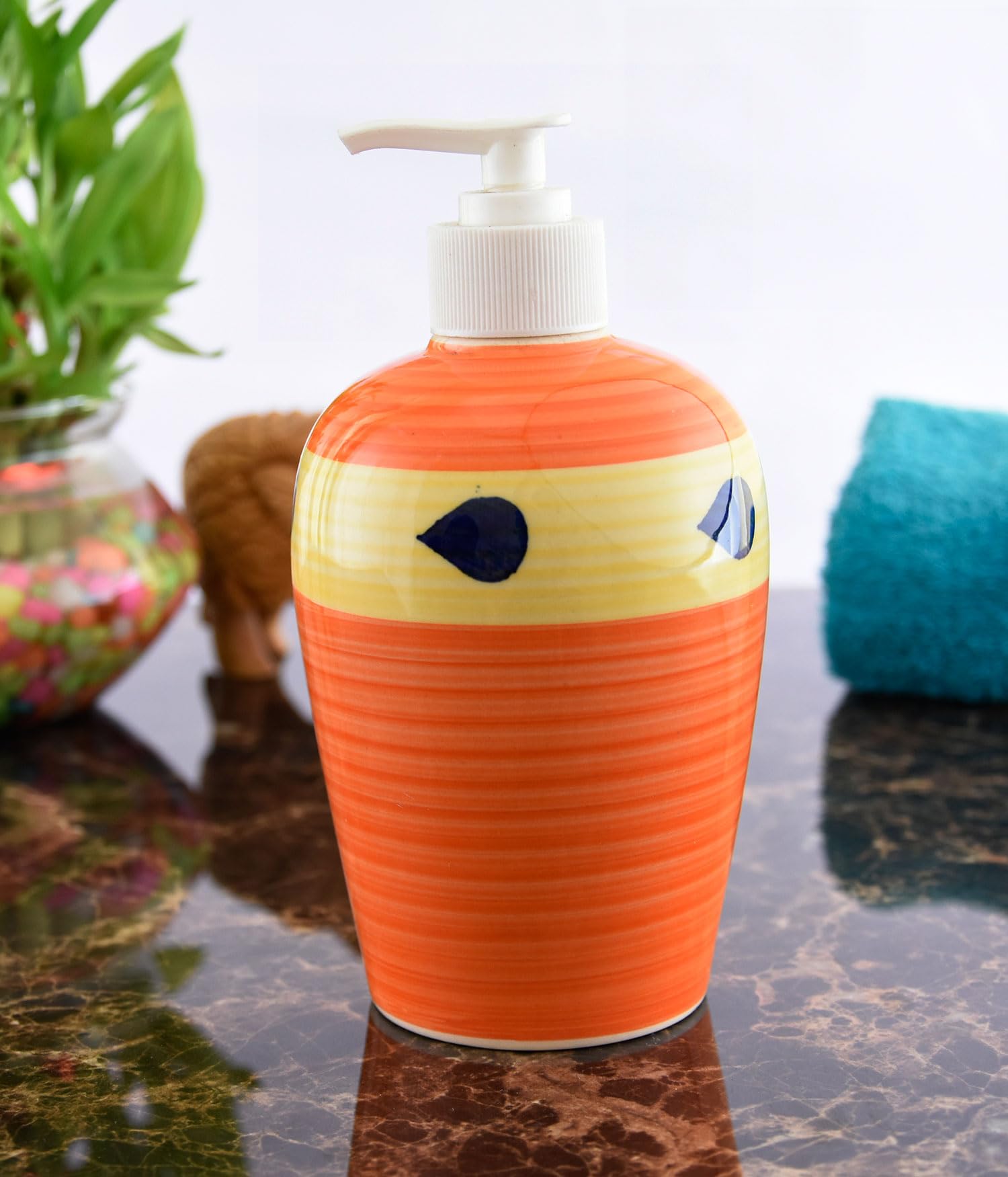 KunhaR Ceramic Liquid Soap Dispenser, Handwash Dispenser - Orange Yellow, 450ml