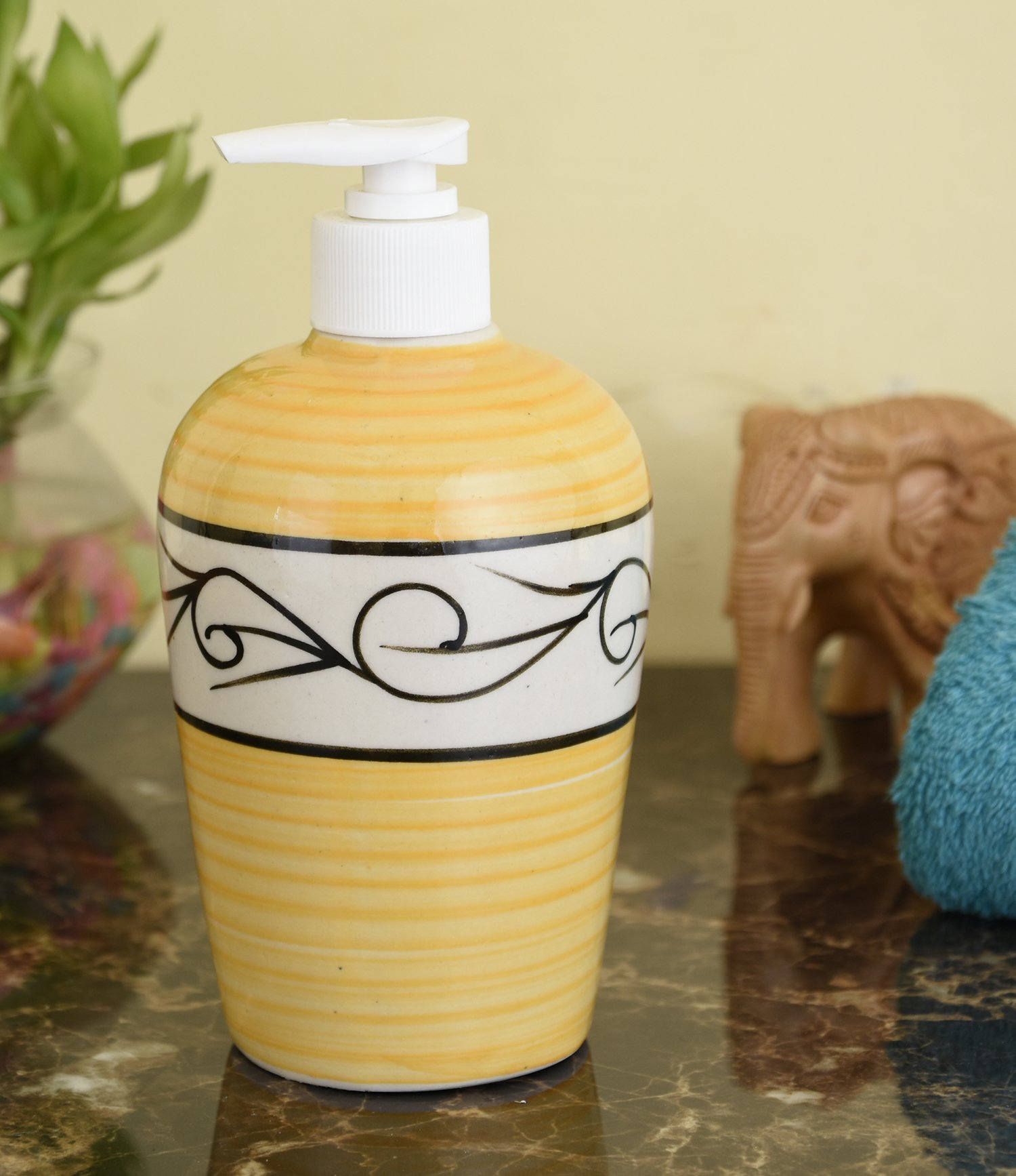 KunhaR Ceramic Liquid Soap Dispenser - Yellow Line, 450ml, 2 Pieces