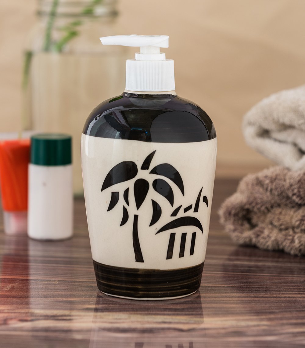 KunhaR Ceramic Liquid Soap Dispenser, Handwash Dispenser - Black Palm Leaf, 450ml, 2 Pieces