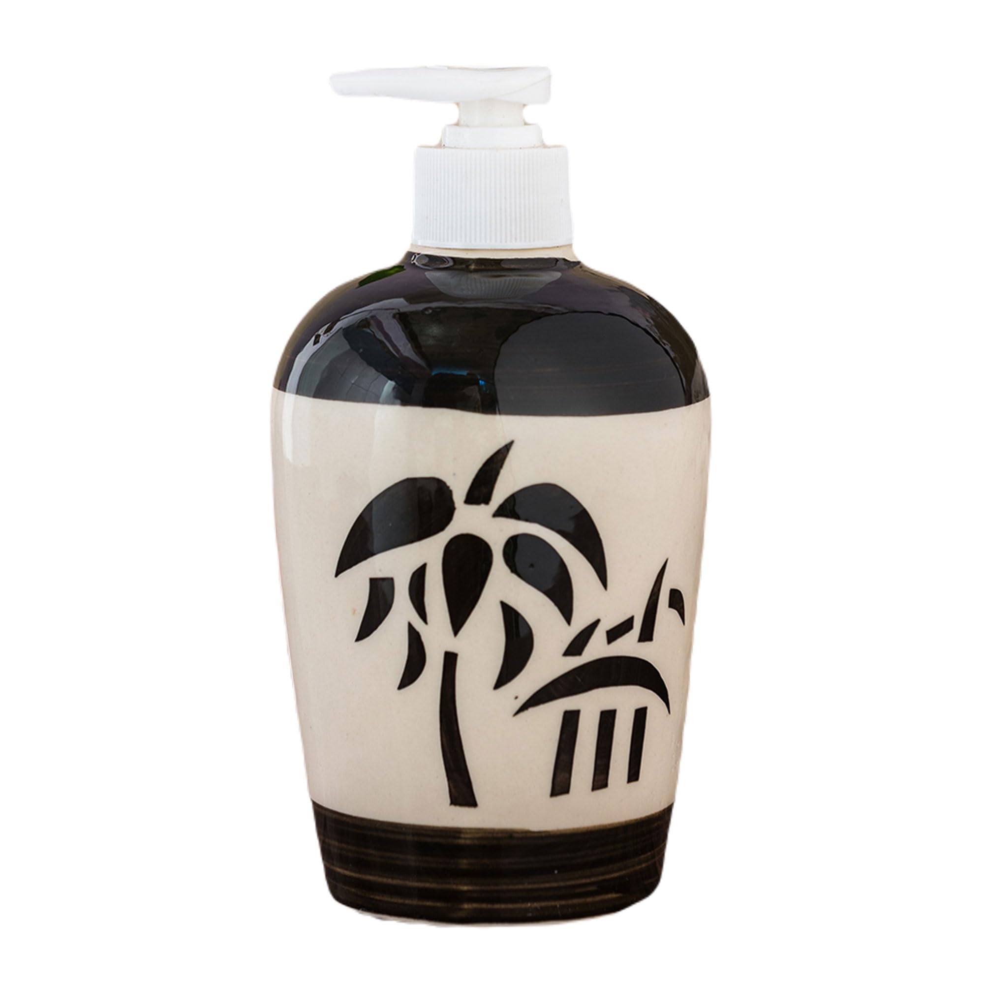 KunhaR Ceramic Liquid Soap Dispenser, Handwash Dispenser - Black Palm Leaf, 450ml, 2 Pieces