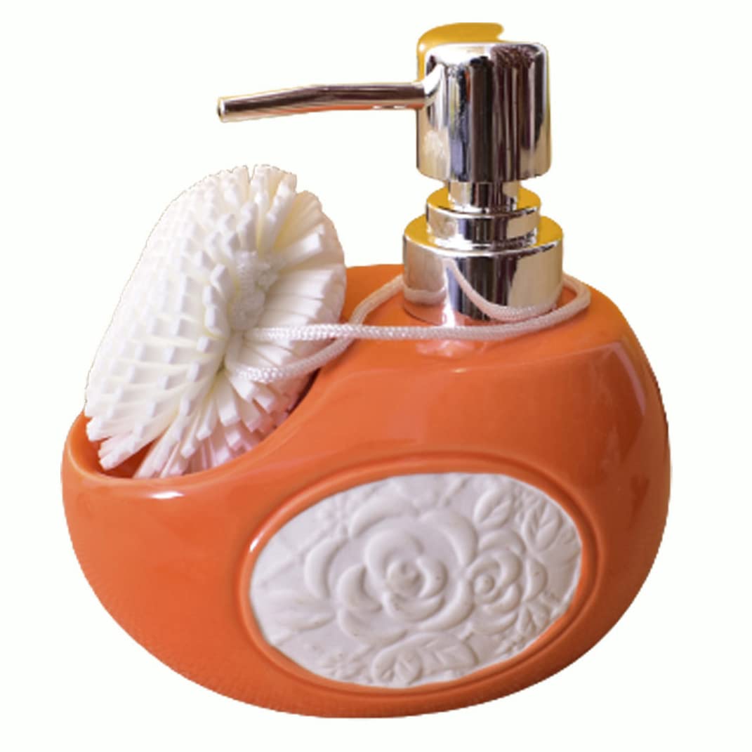Kunhar Ceramic Liquid Soap Dispenser with Sponge, 450 Ml, Orange