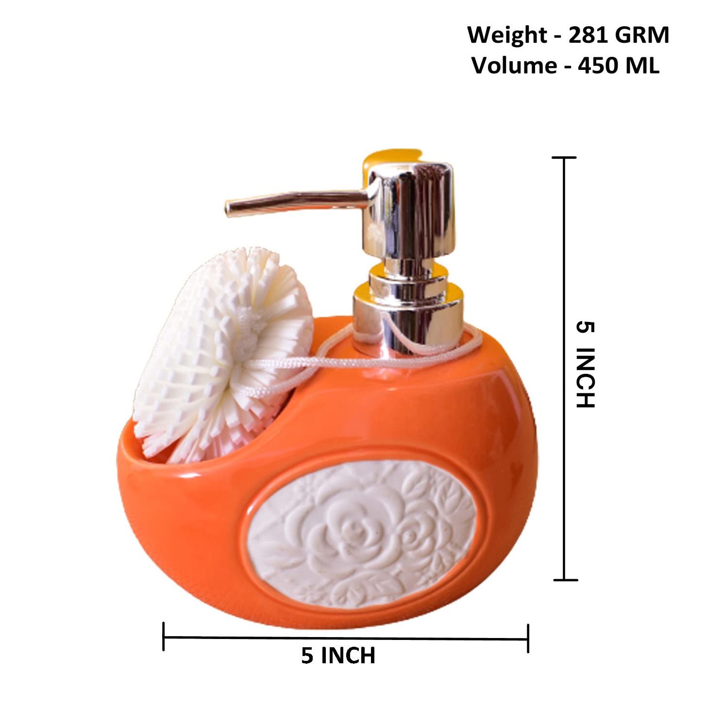 Kunhar Ceramic Liquid Soap Dispenser with Sponge, 450 Ml, Orange
