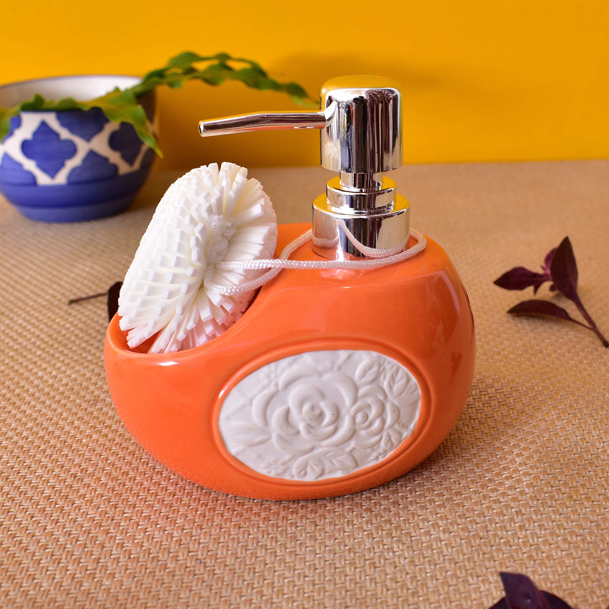 Kunhar Ceramic Liquid Soap Dispenser with Sponge, 450 Ml, Orange