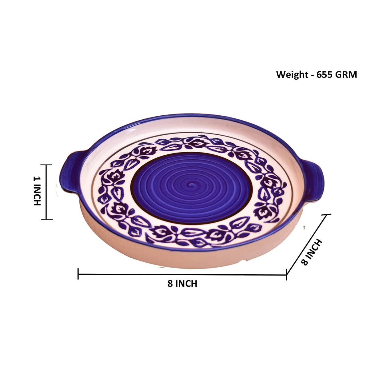 Kunhar Ceramic Snacks Serving Tray, Pizza Plate - 1 Piece, Blue Vine, 8 Inch