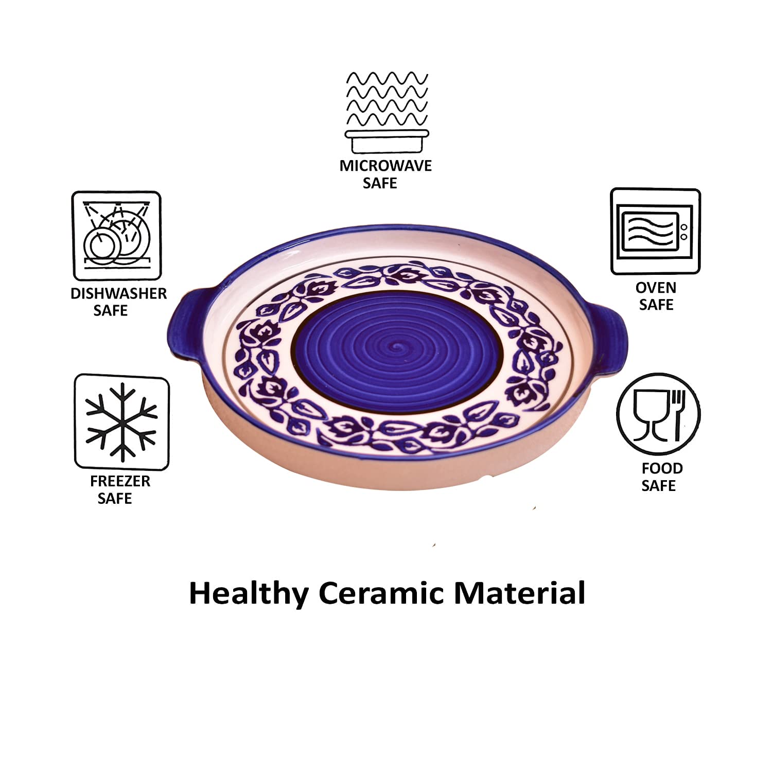 Kunhar Ceramic Snacks Serving Tray, Pizza Plate - 1 Piece, Blue Vine, 8 Inch