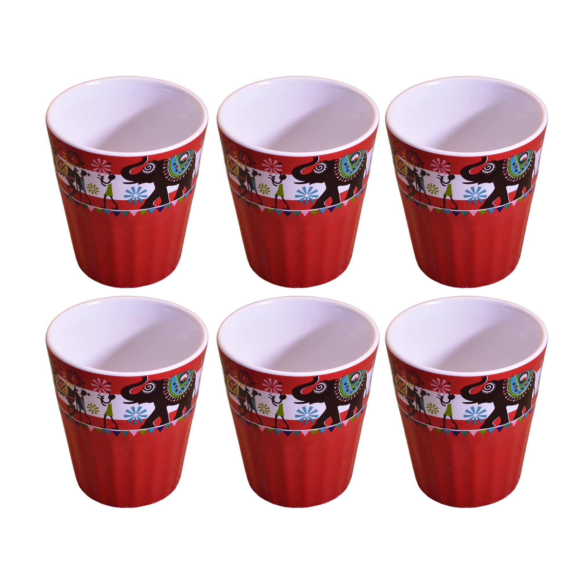 Kunhar Ceramic Tea Glass with Warli Painting, Milk Glass with Warli Painting, Coffee Glass - 6 Pieces, Dark Burgundy, 125ml