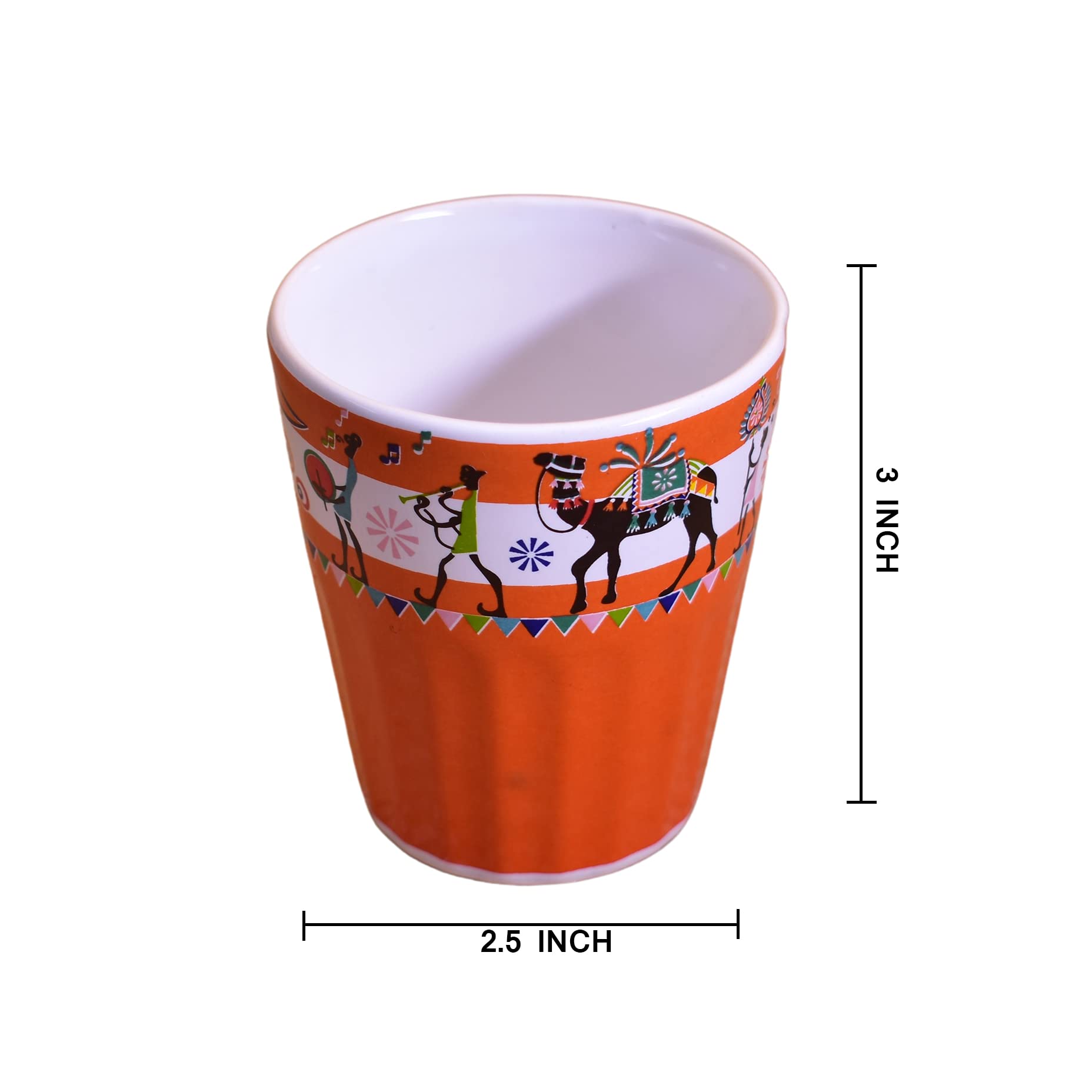 Kunhar Ceramic Tea Glass with Warli Painting, Milk Glass with Warli Painting, Coffee Glass - 6 Pieces, Rusty Red, 125ml