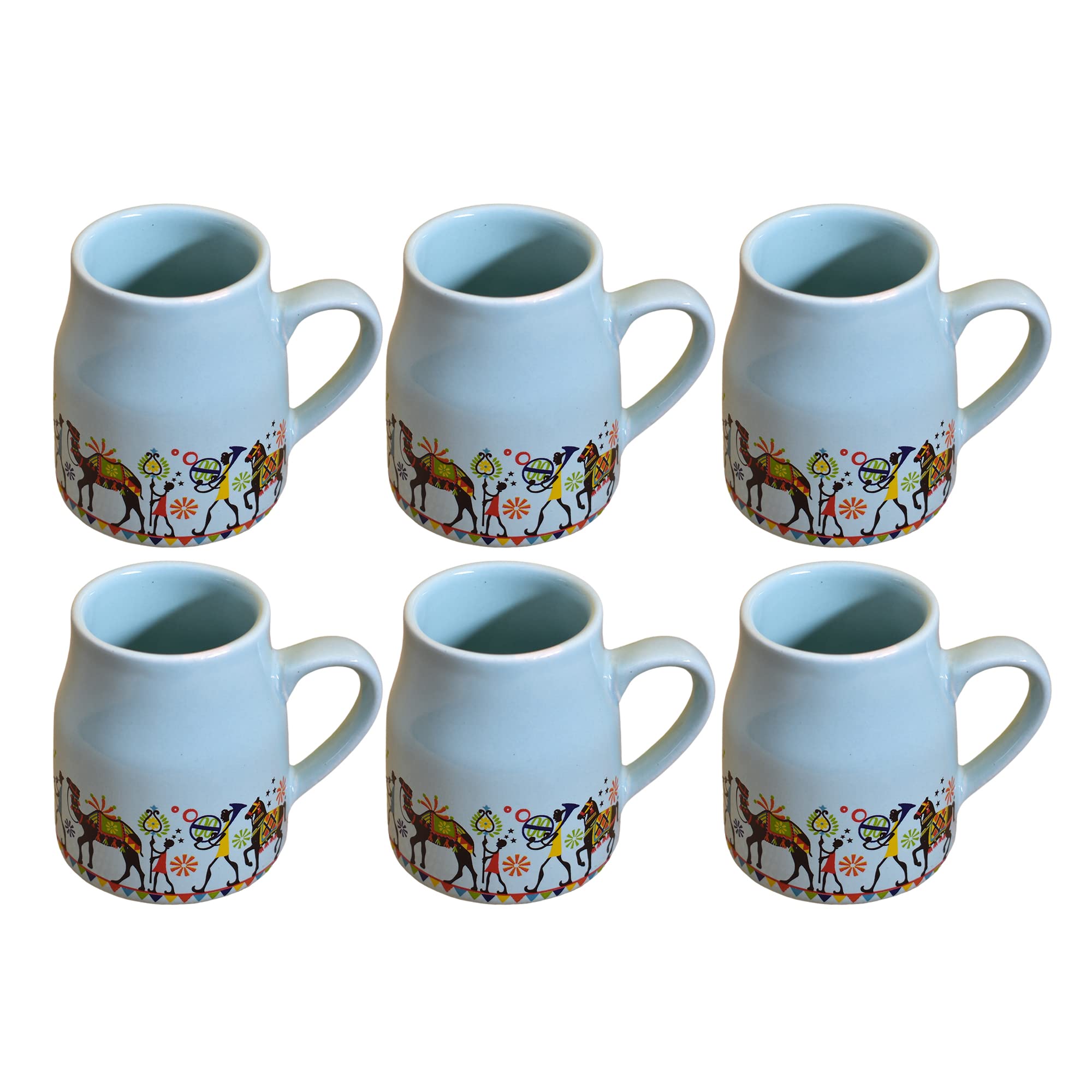 Kunhar Ceramic Tea Cups, Coffee Cups - 6 Pieces, Blue Hosta, 160 Ml