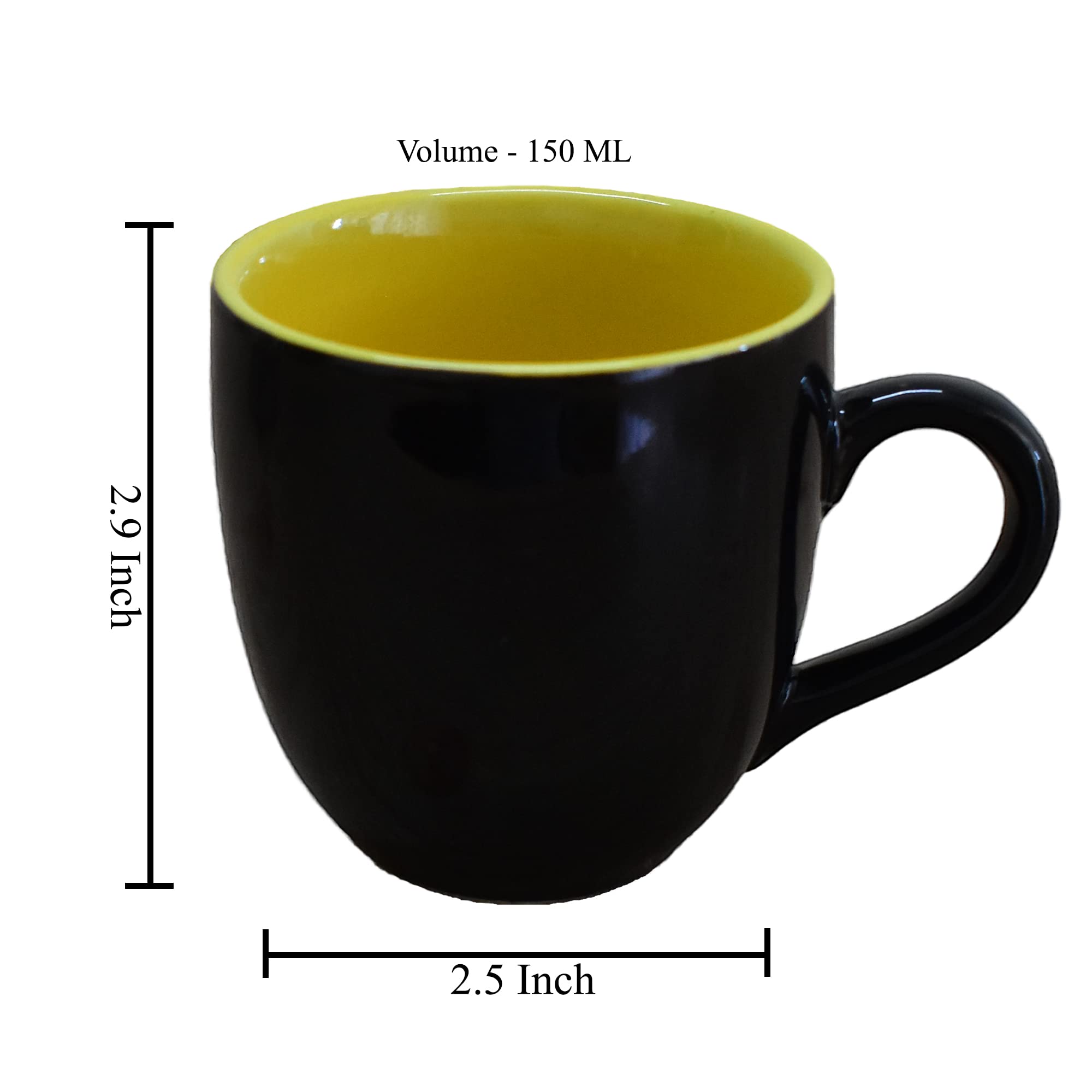 Kunhar Ceramic Tea Cup - 150 Ml, 4 Pieces, Black Yellow
