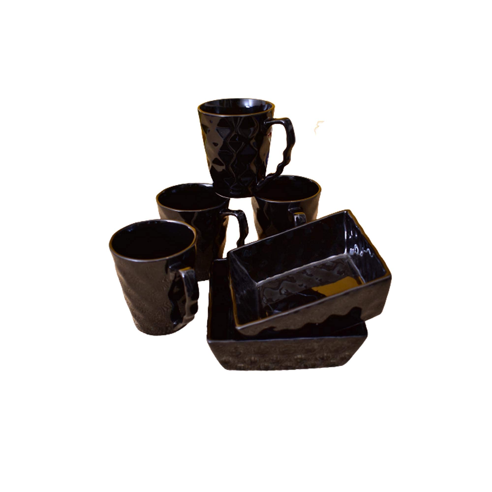 Kunhar Ceramic Diamond Cut Shape Tea Cups and Snack Tray (4 Cups 250 ML and 2 Snack Trays), Color Black