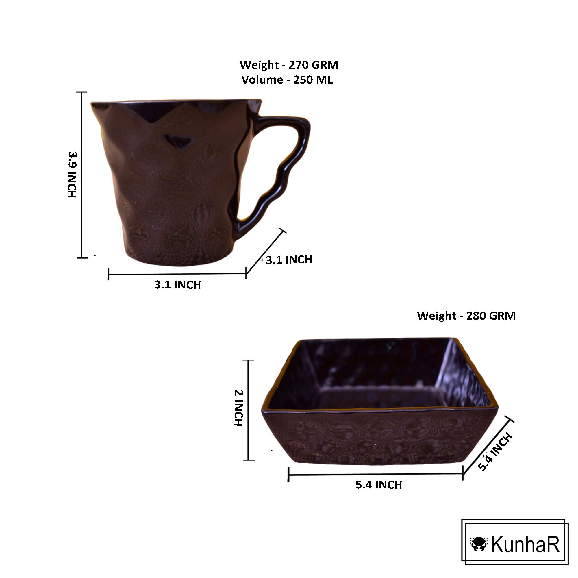 Kunhar Ceramic Diamond Cut Shape Tea Cups and Snack Tray (4 Cups 250 ML and 2 Snack Trays), Color Black