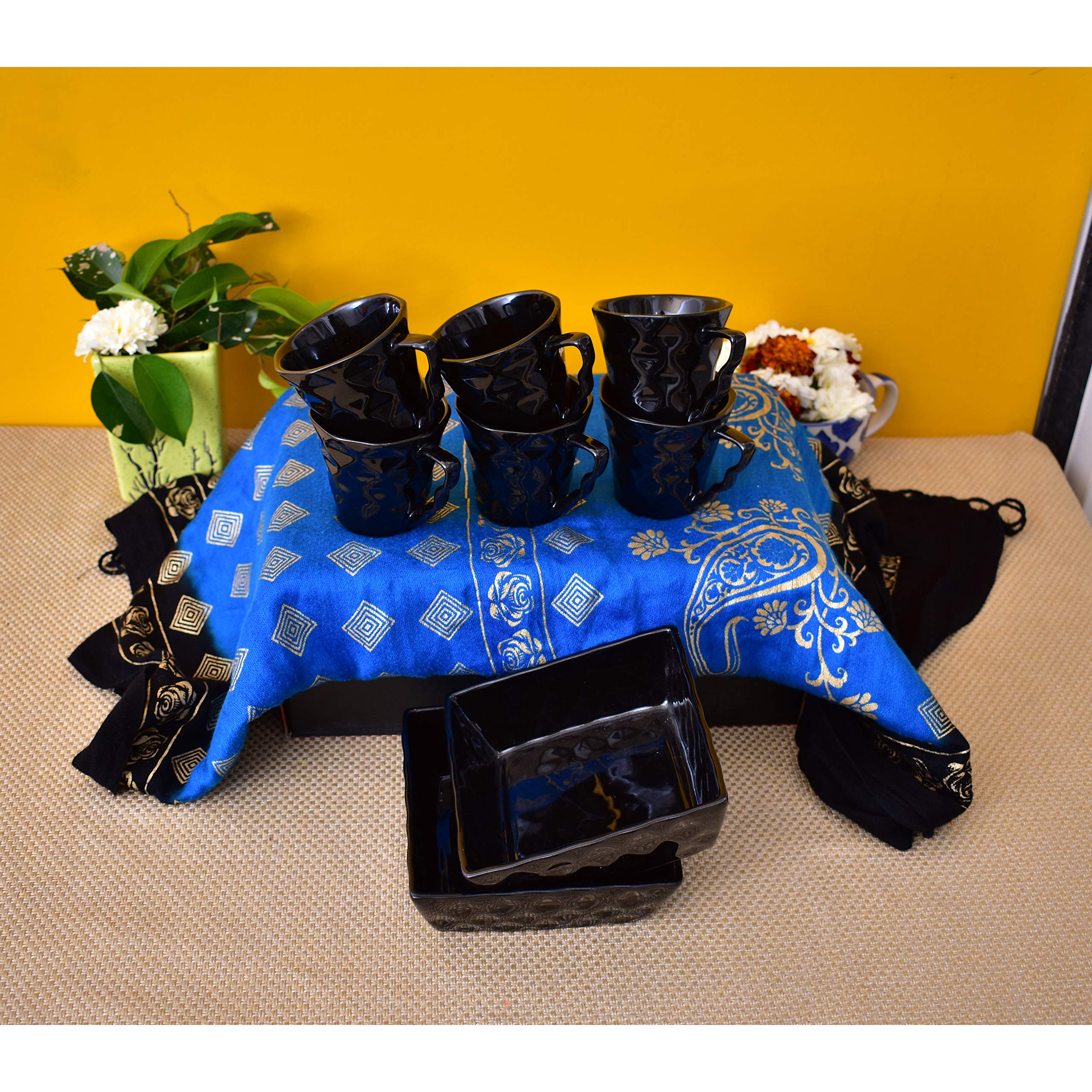 Kunhar Ceramic Diamond Cut Shape Tea Cups and Snack Tray (6 Cups 150 ML and 2 Snack Trays)