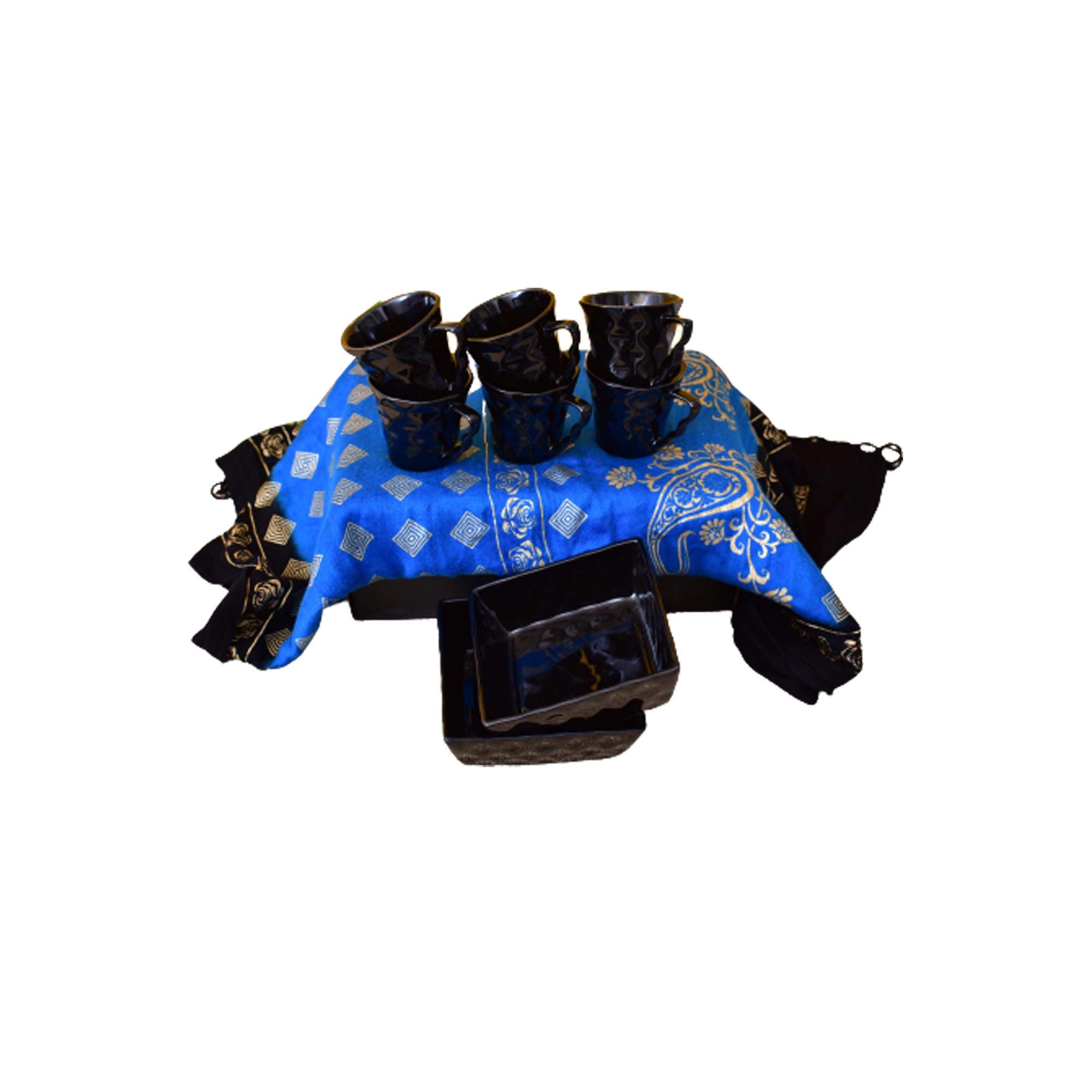 Kunhar Ceramic Diamond Cut Shape Tea Cups and Snack Tray (6 Cups 150 ML and 2 Snack Trays)