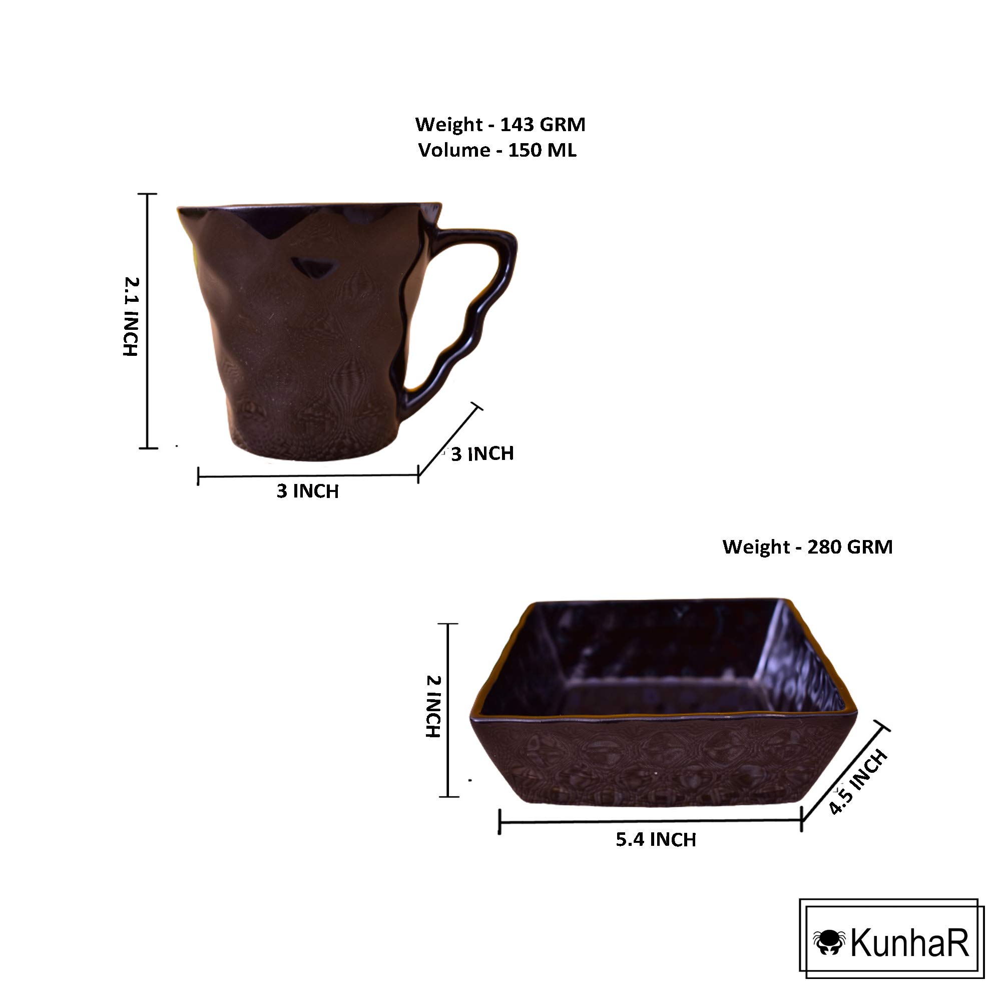 Kunhar Ceramic Diamond Cut Shape Tea Cups and Snack Tray (6 Cups 150 ML and 2 Snack Trays)
