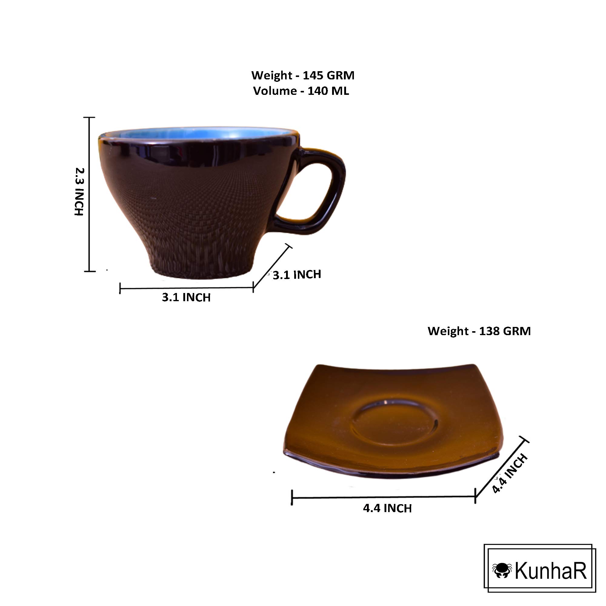Kunhar Ceramic Tea Cups and Saucers (6 Cups 140 ML and 6 Saucers)