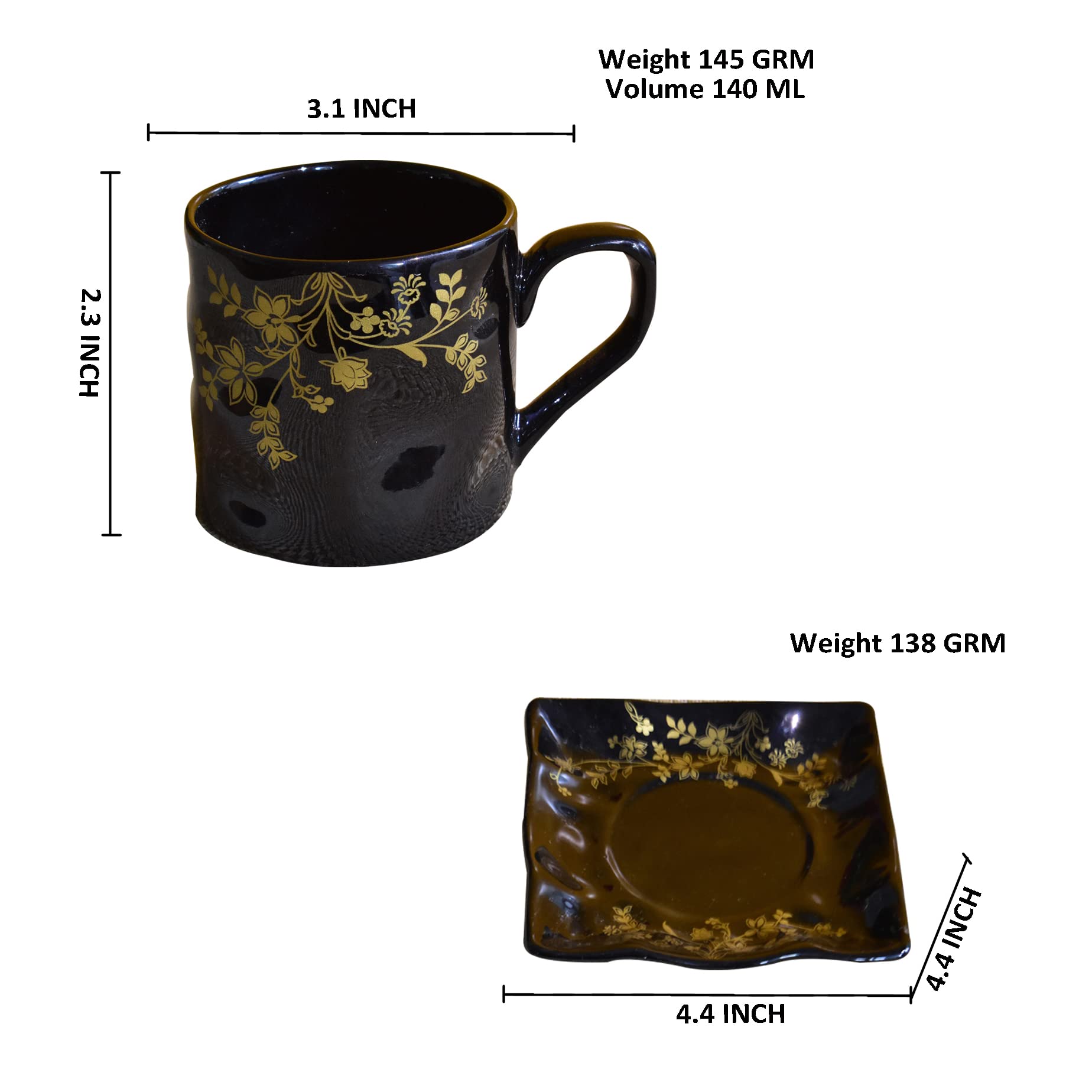 Kunhar Ceramic Tea Cups and Saucers (6 Cups 140 ML and 6 Saucers)