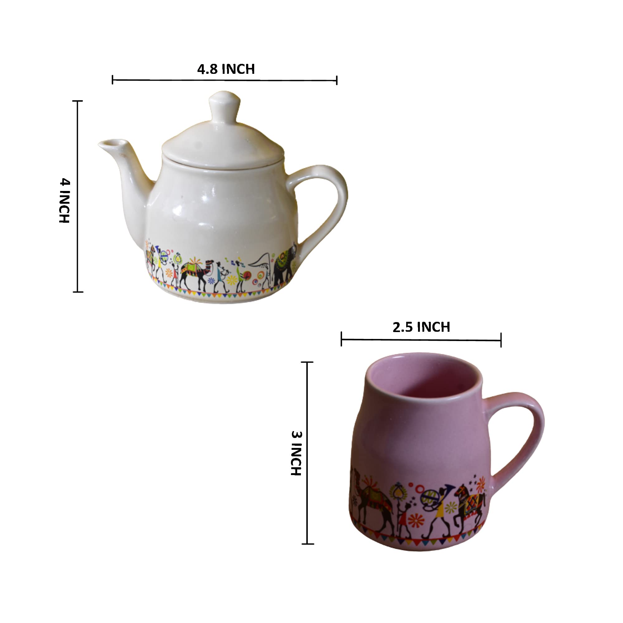 Kunhar Ceramic 6 Cups and 1 Kettle Tea Cup Set - Multicolor