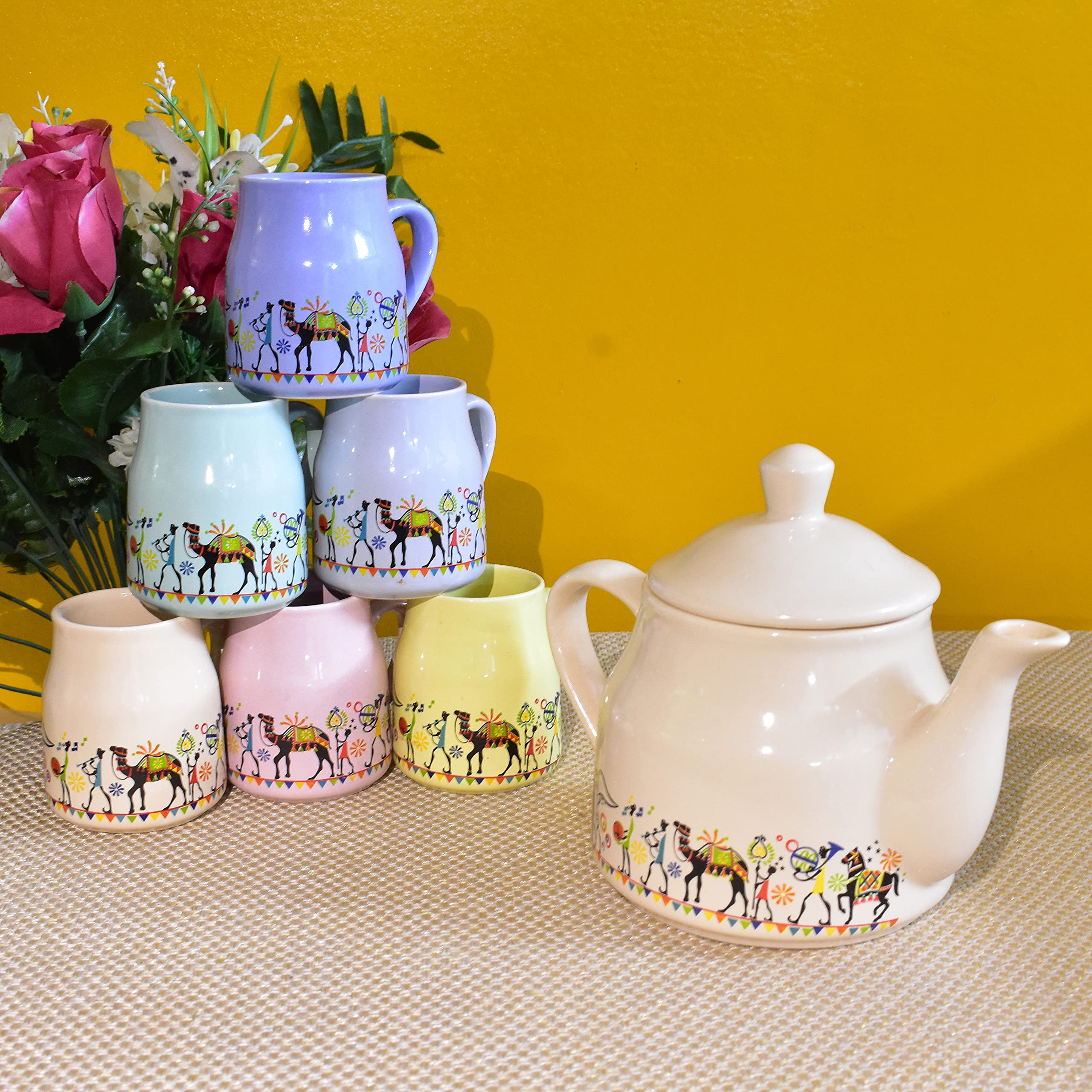 Kunhar Ceramic 6 Cups and 1 Kettle Tea Cup Set - Multicolor