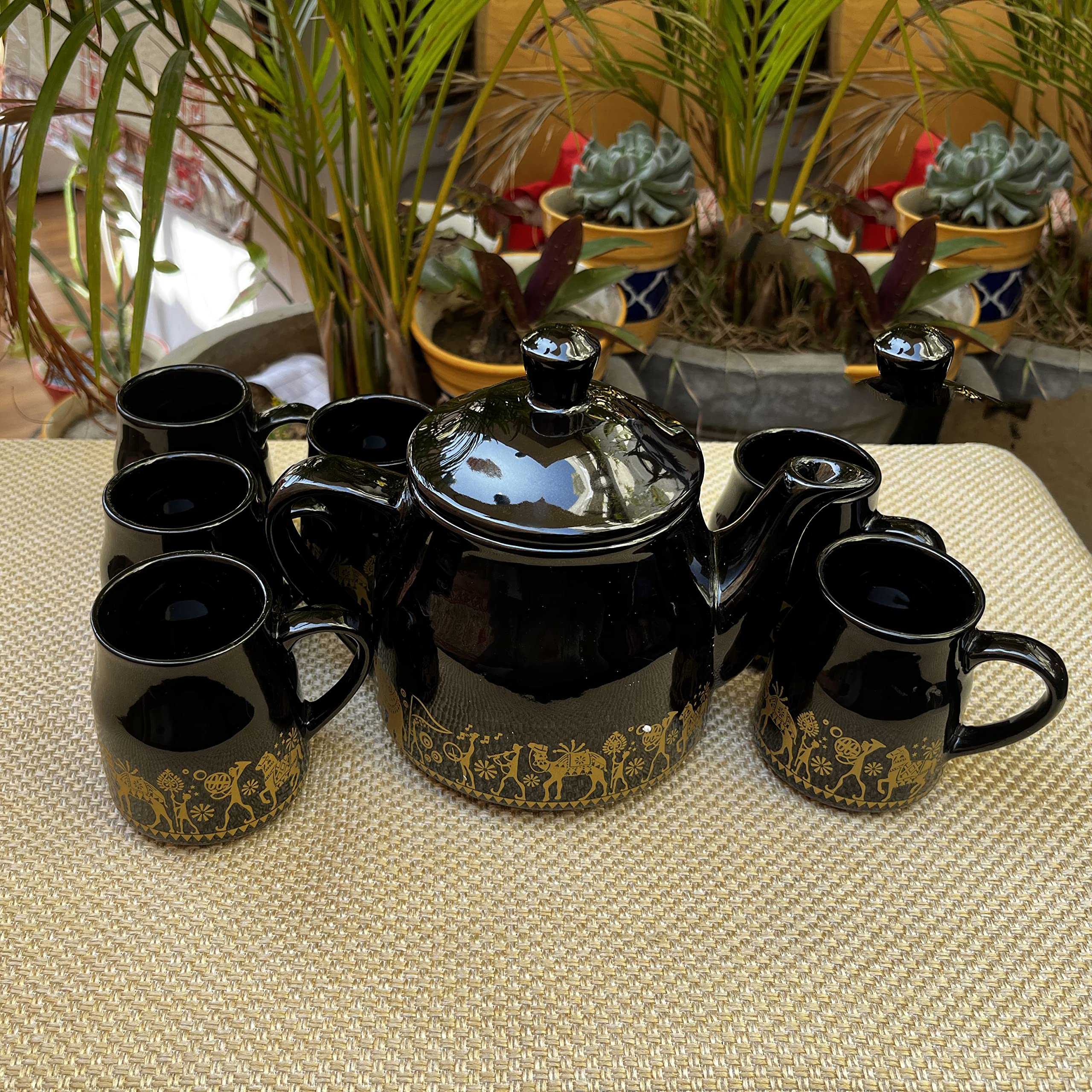 Kunhar Ceramic Morning Set, Black Shine (6 Cups and 1 Teapot)
