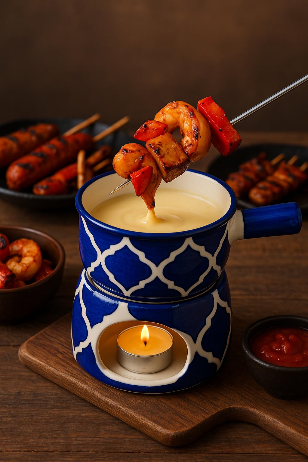 KunhaR Ceramic Fondue Set (1 Piece of Fondue Set, 2 Tea Light Candle), Blue Chidi