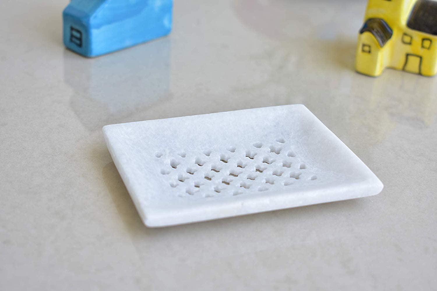 KunhaR White Marble Soap Dish Set of 2 | Handcrafted Stone Tray for Bathroom, Sink & Shower