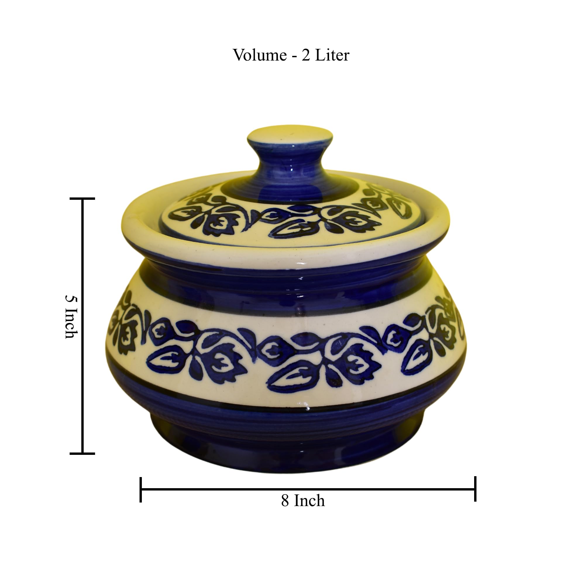 KunhaR Ceramic Handi 2 Liter, 1 Piece, Blue Vine, (Size 1 No)