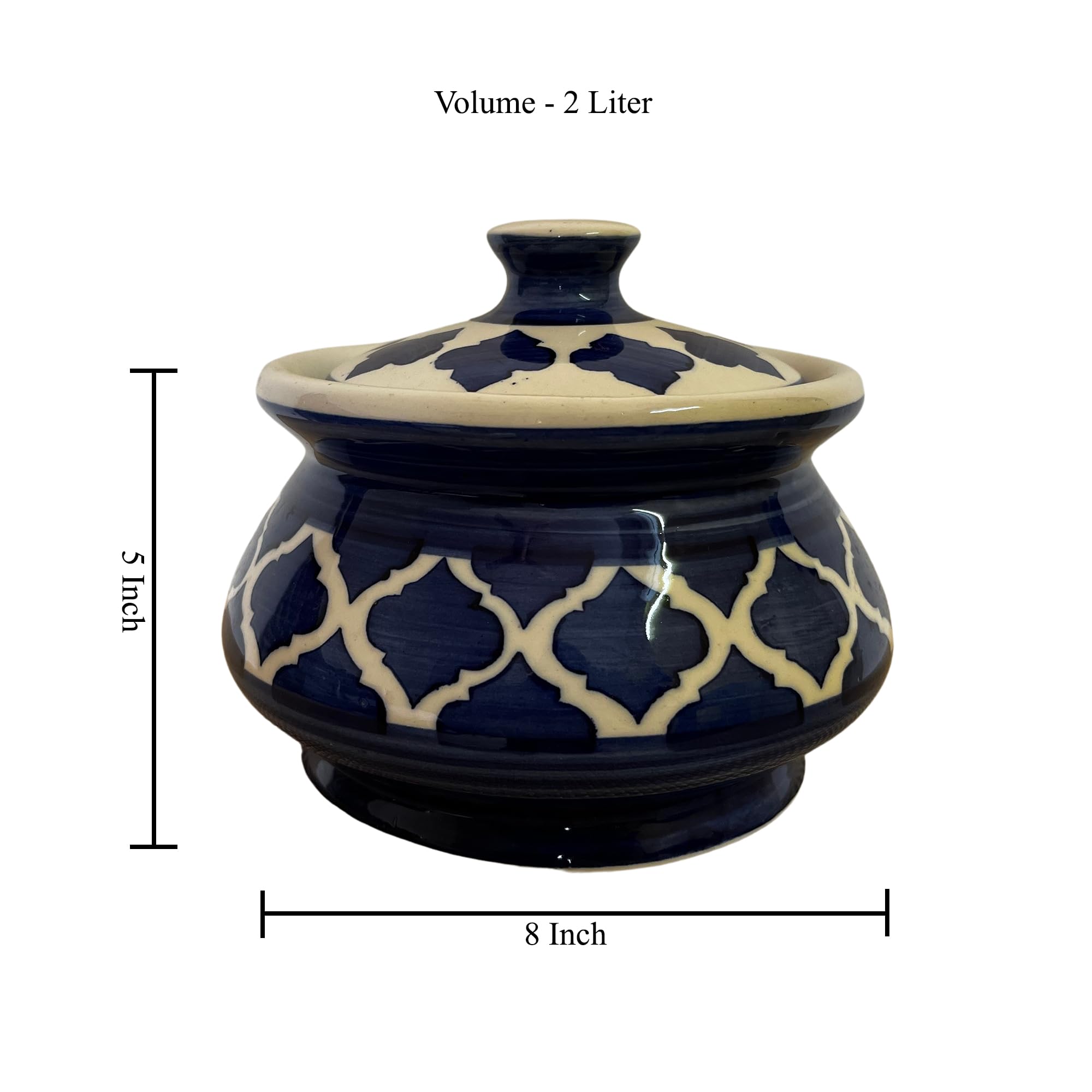 KunhaR Ceramic Handi 2 Liter, 1 Piece, Blue Chidi, (Size 1 No)